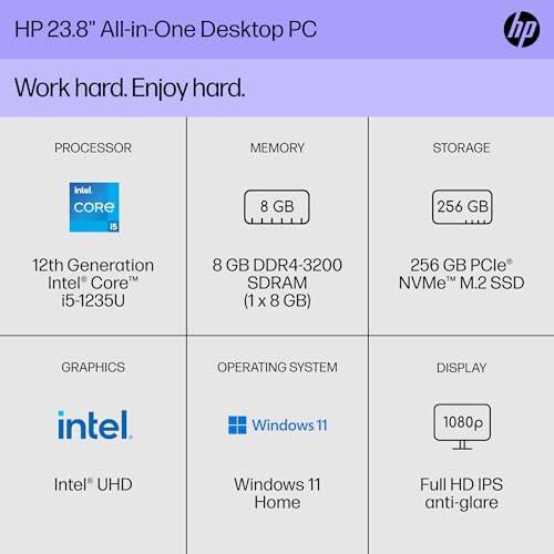 HP HP 24 inch All-in-One Desktop PC, FHD Display, Intel Core i5-1235U, 8 GB SDRAM, 256 GB SSD, Intel UHD Graphics, Windows 11 Home, 24-cb1210 (2024)