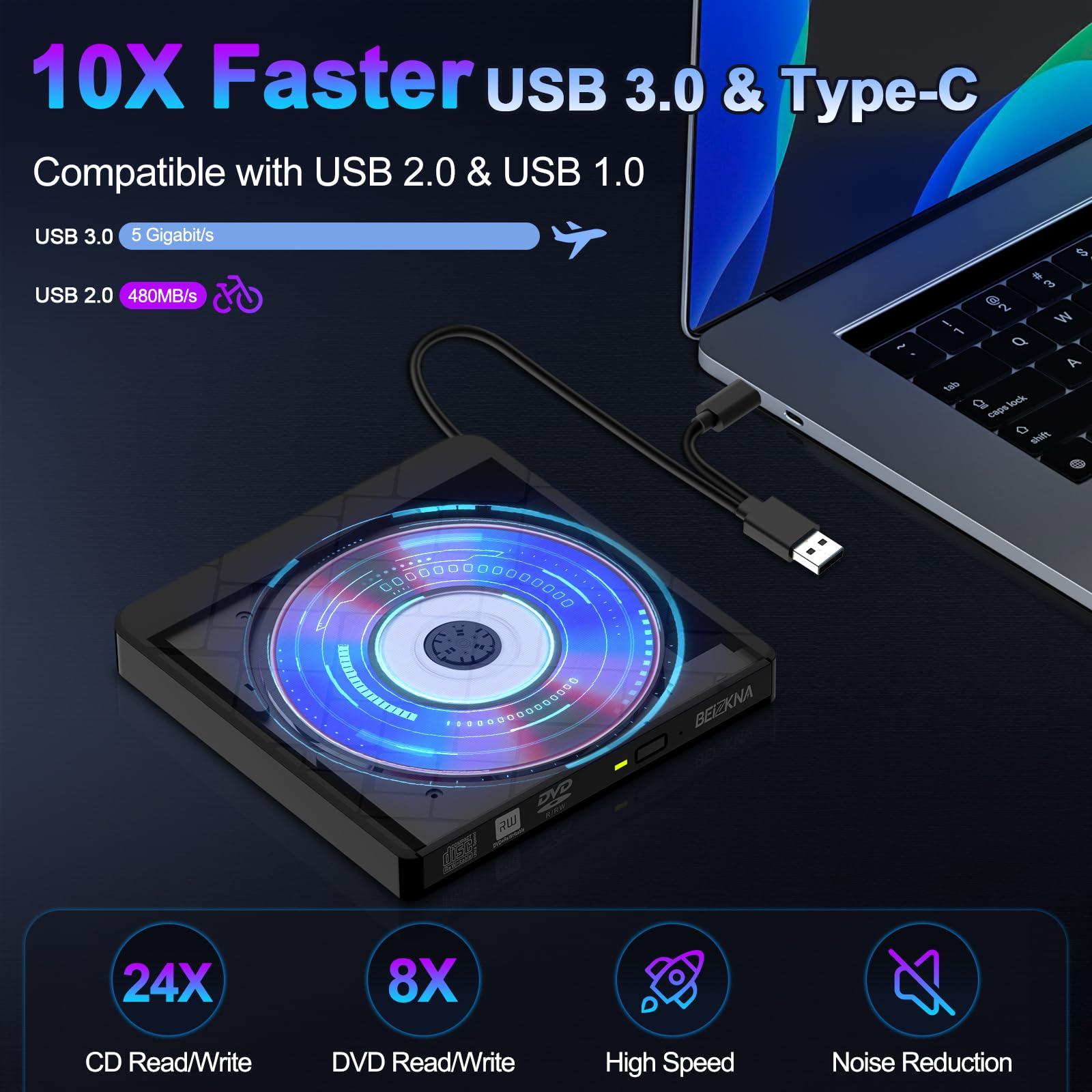Beizkna External CD DVD Drive for Laptop USB 3.0 & Type-C Portable CD DVD Player for CD ROM +/-RW Burner Reader Writer Optical Disc Drive for Laptop Desktop PC Windows 11/10 Linux Mac OS Apple MacBook Pro