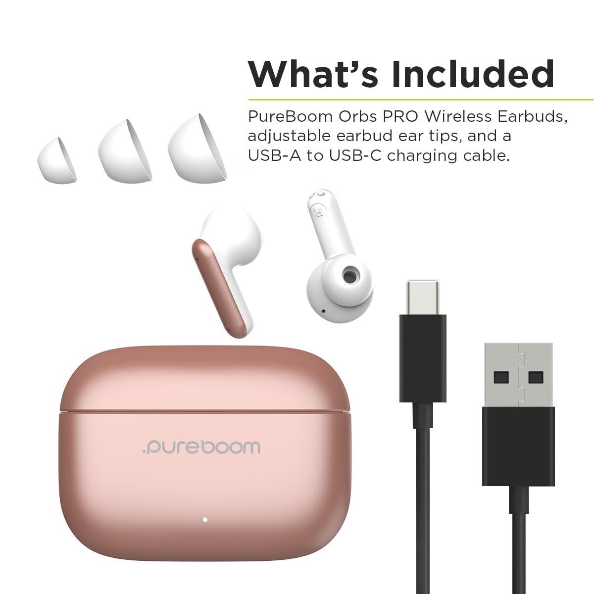 PureGear PureGear PureBoom Orbs PRO Active Noise Cancelling Wireless Earbuds with Zinc Alloy Case for iPhone & Android, Wireless Charging, Immersive Sound, Reduce Noise, Stereo in-Ear Headphones (Rose Gold)