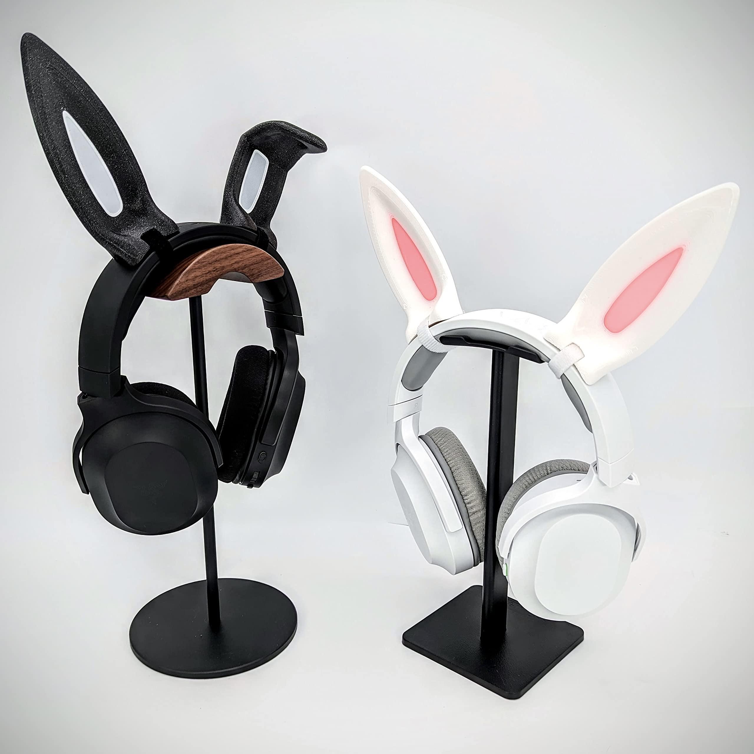 DirectNine Basics Bunny Ears for Headphones - Adorable Bunny Headphones Attachment in Various Colors with Hidden Self Fastener - Bunny Ears for Gamers and Streamers (Set of 2) (White/Pink, Straight/Bent)