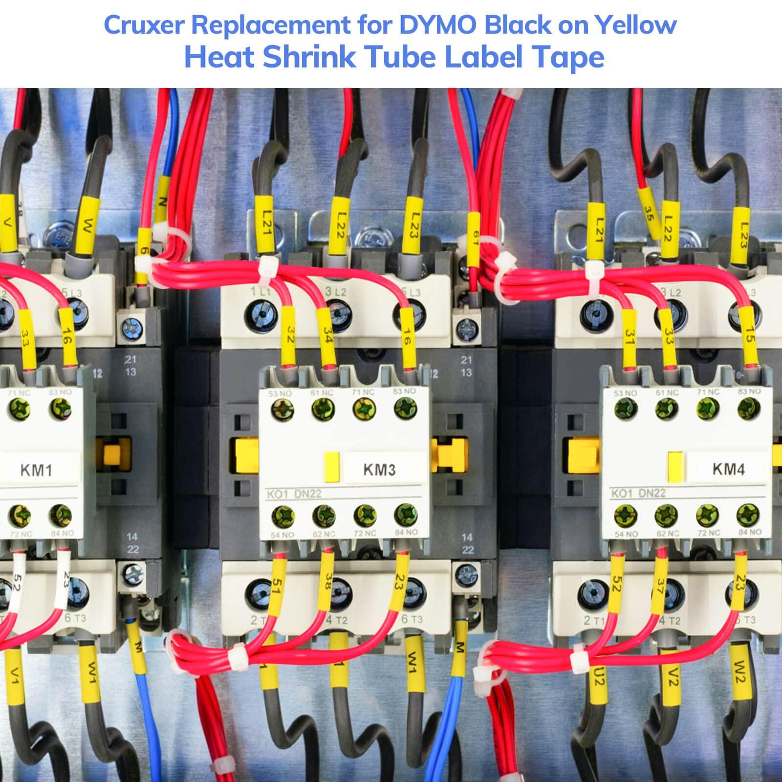 Cruxer 8 Pack Compatible with Dymo Rhino Heat Shrink Tube Labels 18056, 1/2" x 4.9' 12mm 1.5m Work with DYMO Rhino 4200 5200 6000 Industrial Label Makers, 18056 Heat-Shrink Label Tape Black on Yellow