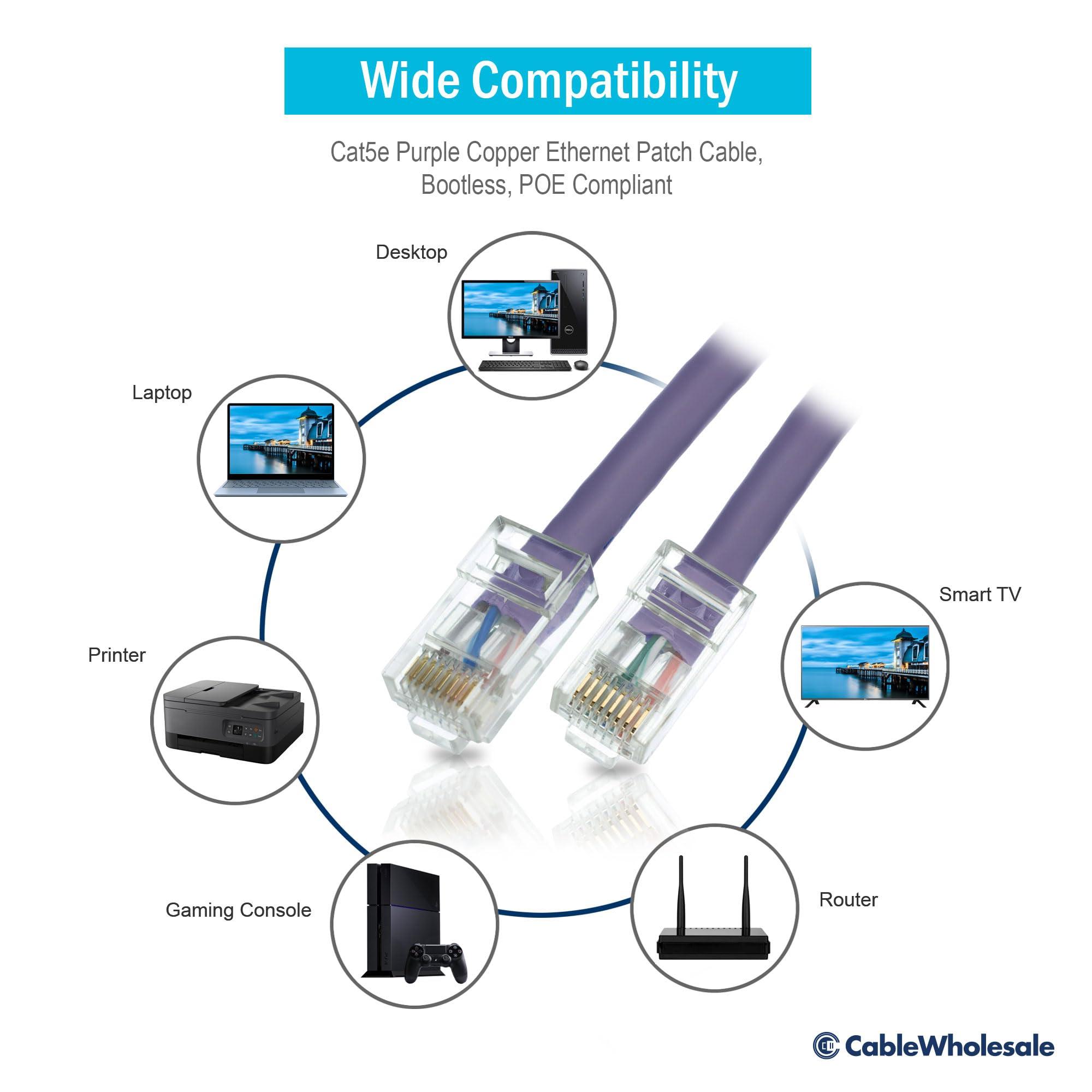 CableWholesale CableWholesale Cat5e Ethernet Cable, 24AWG Network Cable with RJ45 Gold Plated Connector, 4 Pair Stranded Bare Copper, Bootless Unshielded Twisted Pair (UTP) Internet Patch Cable, 1 Foot, Purple