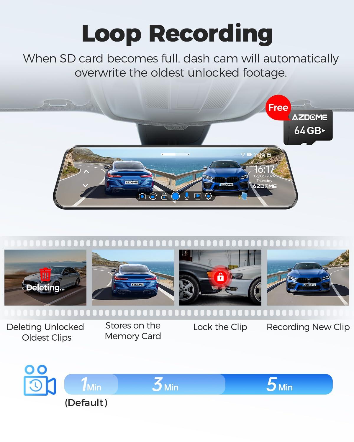 AZDOME AZDOME PG17 4K 12" Rear View Mirror Camera with Type-C OBD Dash Cam Hardwire Kit and 256GB SD Card for Dash Cam