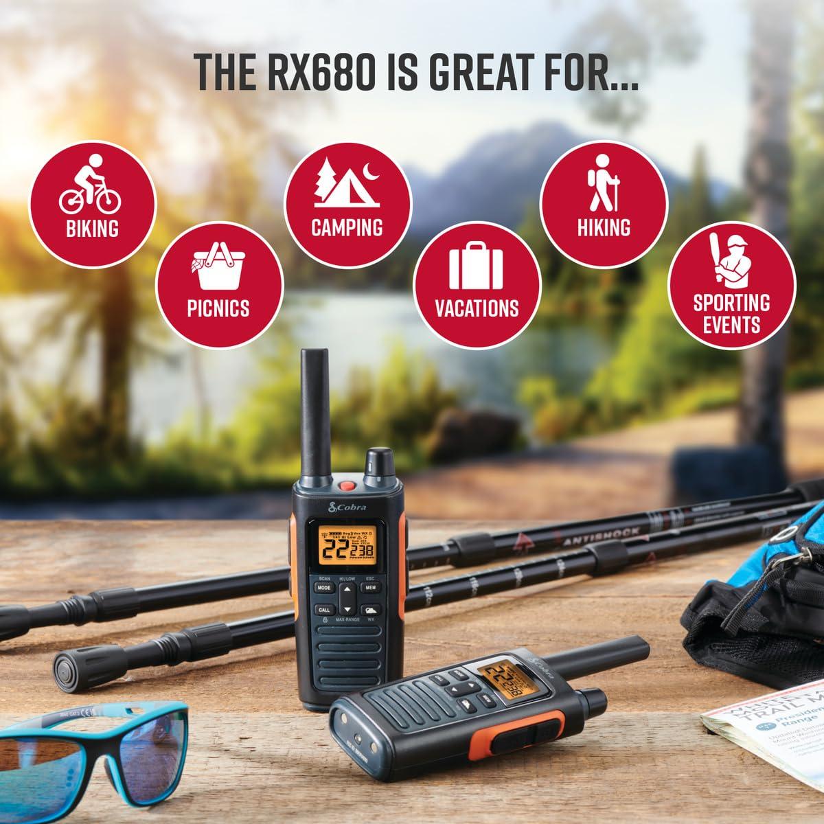 Cobra Cobra RX680 Walkie Talkies (2-Pack) - Rugged & Splashproof Two Way Radios Long Range, IP54 Water Resistant Design, 60 Pre-Programmed Channels, Weather Alerts, Included Charging Dock (Black/Orange)