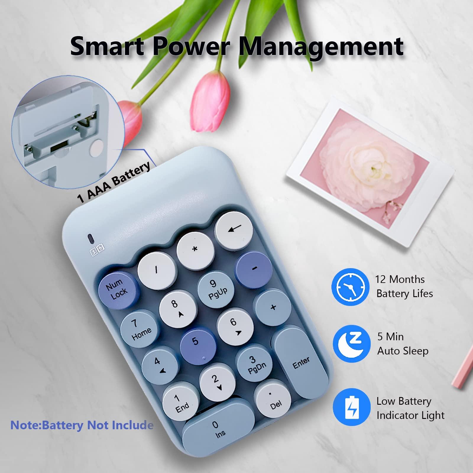 Seaciyan Seaciyan Wireless Number Pad, Ergonomic Cute Colorful Retro Mini Portable Numeric Keypad, 2.4G Cordless External Keyboard for Computer, Laptop (Blue)