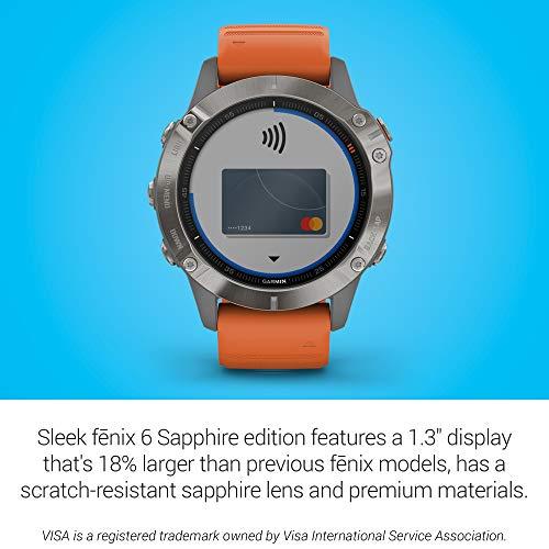 Garmin Garmin fenix 6 Sapphire, Premium Multisport GPS Watch, Features Mapping, Music, Grade-Adjusted Pace Guidance and Pulse Ox Sensors, Titanium with Orange Band