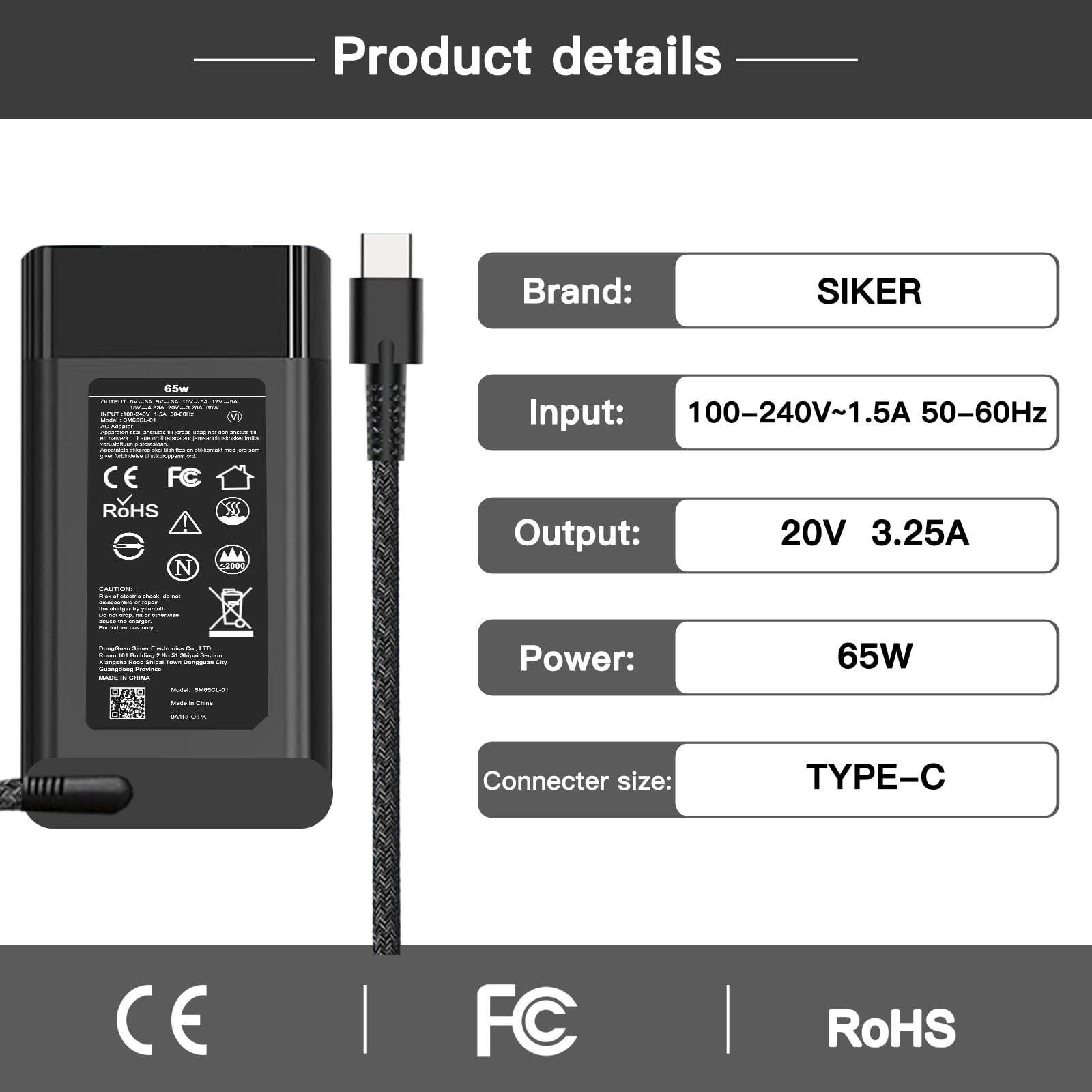 SiKER New Slim HP 65W USB C Laptop Charger Replacement for HP Spectre x360,Chromebook,Elitebook x360,Envy,Elite x2 Travel Type C Power Cord Supply