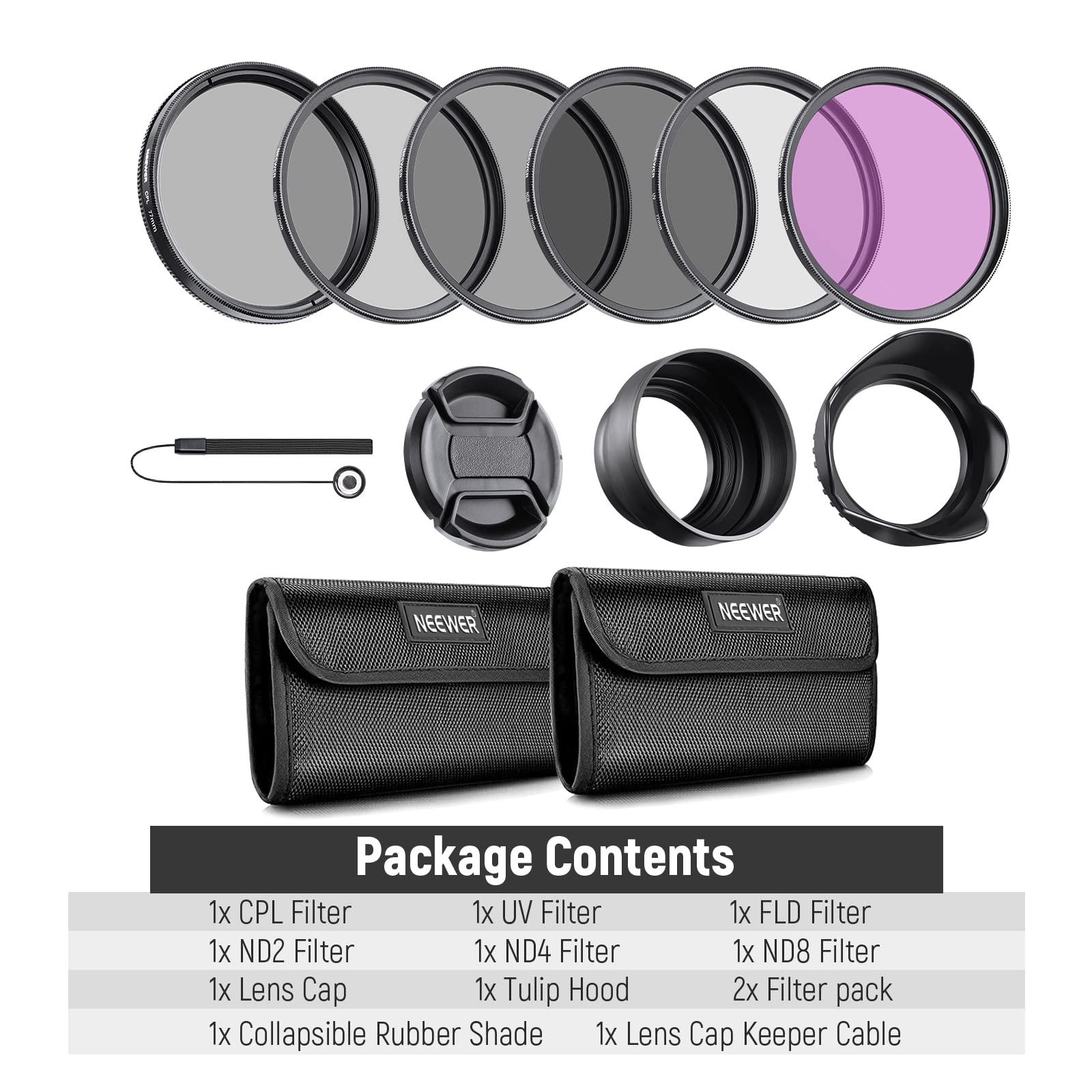 Neewer NEEWER 77mm ND Lens Filter Kit: UV, CPL, FLD, ND2, ND4, ND8, Lens Hood and Lens Cap Compatible with Canon Nikon Sony Panasonic DSLR Cameras with 77mm Lens