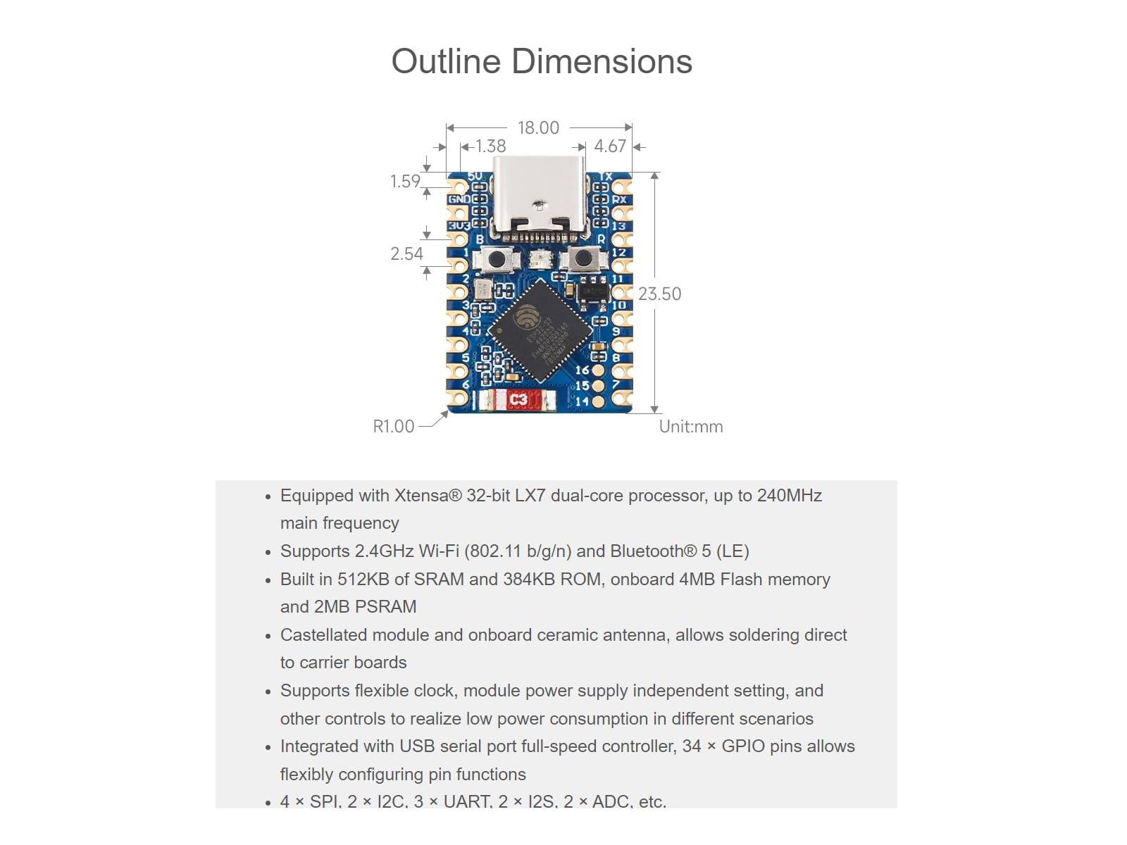 waveshare waveshare ESP32-S3 Mini Development Board with 2.4GHz Wi-Fi,Bluetooth 5 Support,Based on ESP32-S3FH4R2 Dual-Core Processor,240MHz Running Frequency, USB Type-C Port