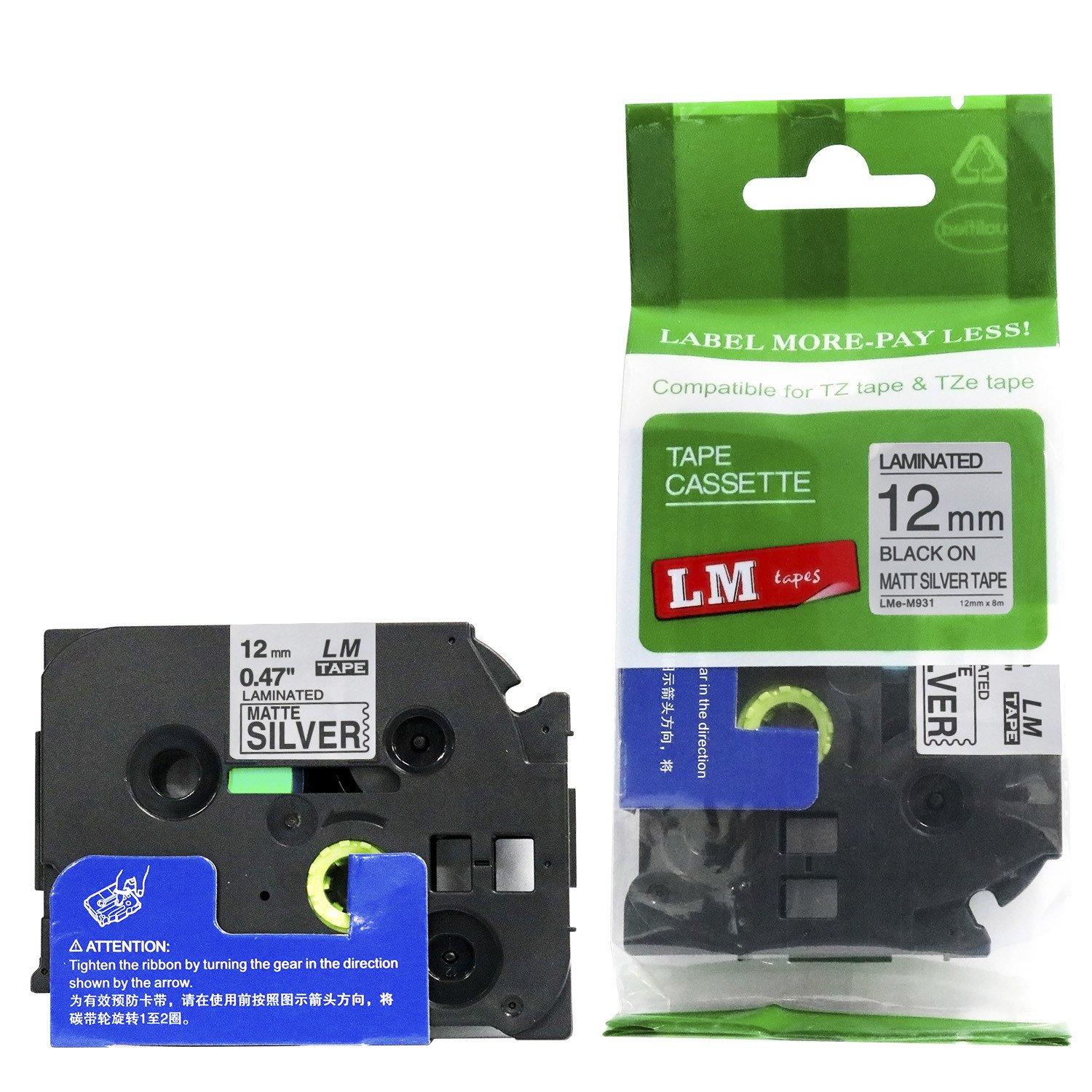 LM Tapes LM Tapes - Premium 1/2\" Black Print on Matte Silver Label (12mm 0.47 Laminated) Compatible with Brother TZe-M931 P-Touch Tape and Comes with a Great Tape Color/Size Guide.