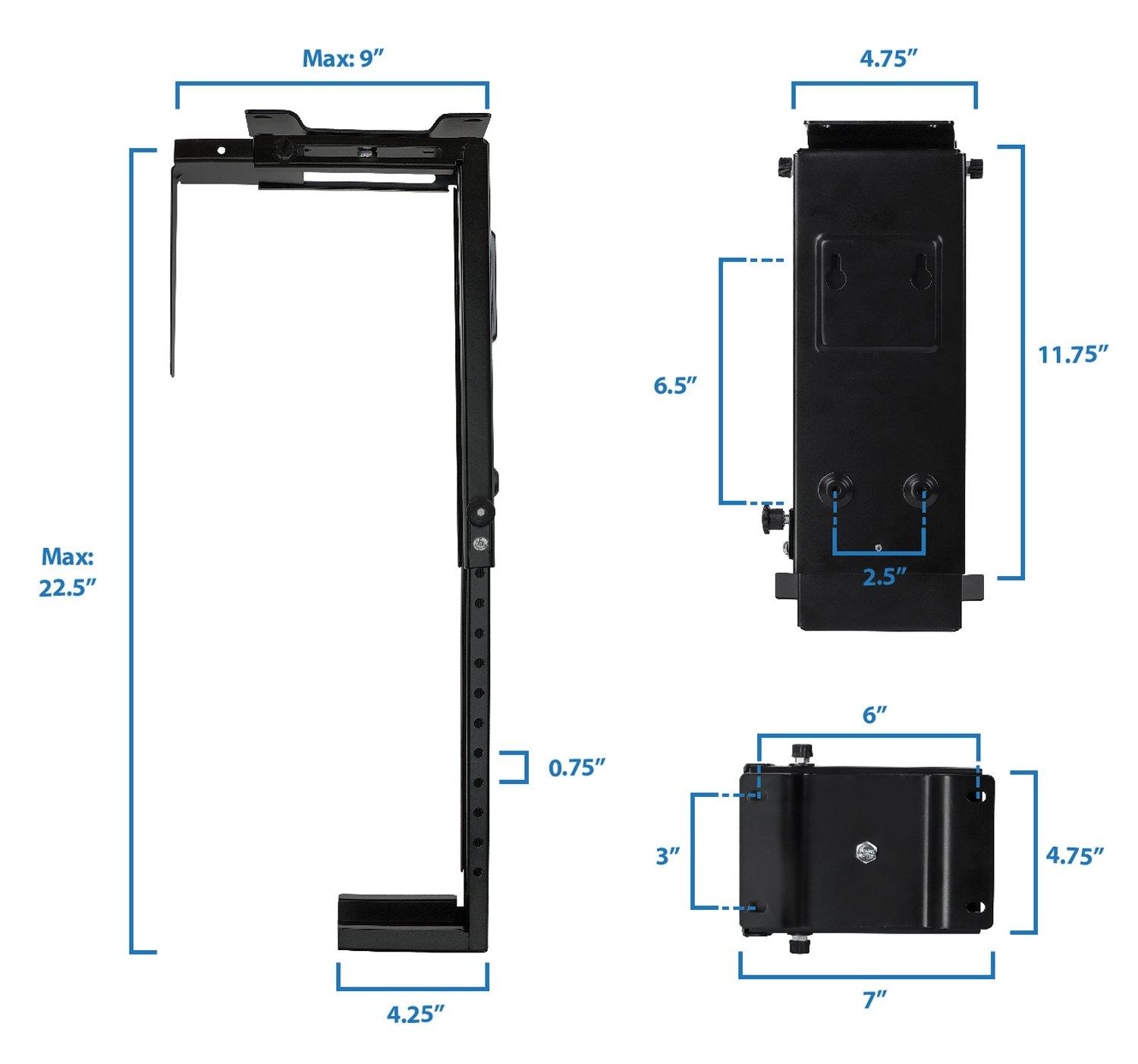 Mount-It! Mount-It! CPU Under Desk Mount Bracket - Computer Tower Wall and Under Counter Holder, 360 Degree Swivel Adjustable Height and Width Wall-Mountable