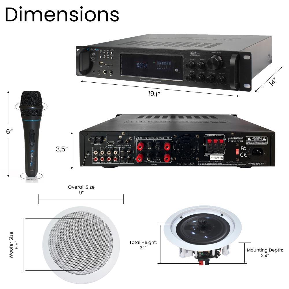 Vaiyer Vaiyer Home Stereo System Kit - 7.2 Channel 4500 Watts Bluetooth Amplifier with 8 Qty of 6.5" Ceiling Speakers 200W Each, Mic, 16 AWG 500 ft. Speaker Wire & Remote for Home, Bar, Office, Restaurant