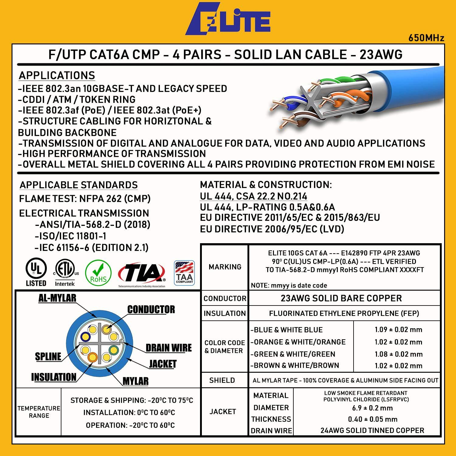 Infinity Cable Products CAT6A Shielded Plenum (CMP), 1000ft, FTP 23AWG, Solid Pure Copper, 650MHz, 10Gb, UL Certified, UL-LP Certification, Bulk Ethernet Cable Reel in Yellow