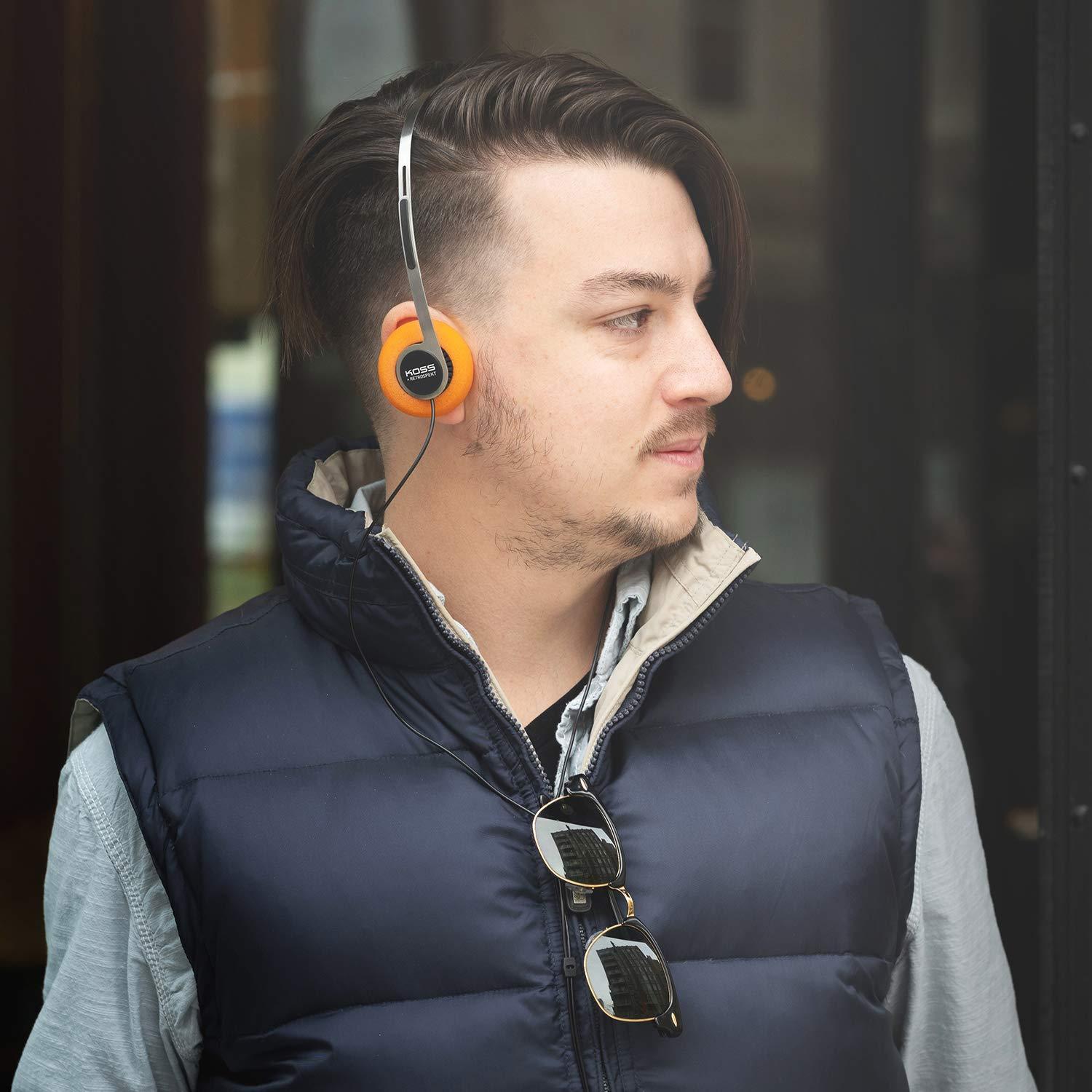 Koss Koss x Retrospekt P/21 Retro On-Ear Headphones, Retro Orange Foam, Adjustable Headband, Wired 3.5mm Plug, Orange Black and Silver