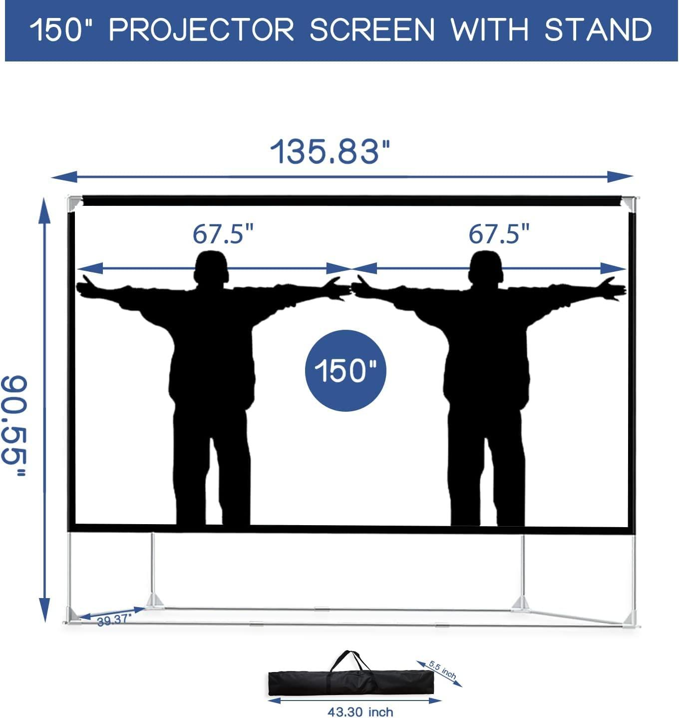 HOIN Projector Screen and Stand 150 inch 16:9 HD 4K Large Outdoor Projector Screen Portable Projection Movie Screen with Carry Bag for Home Theater Backyard Cinema Travel Foldable Anti Crease Windproof