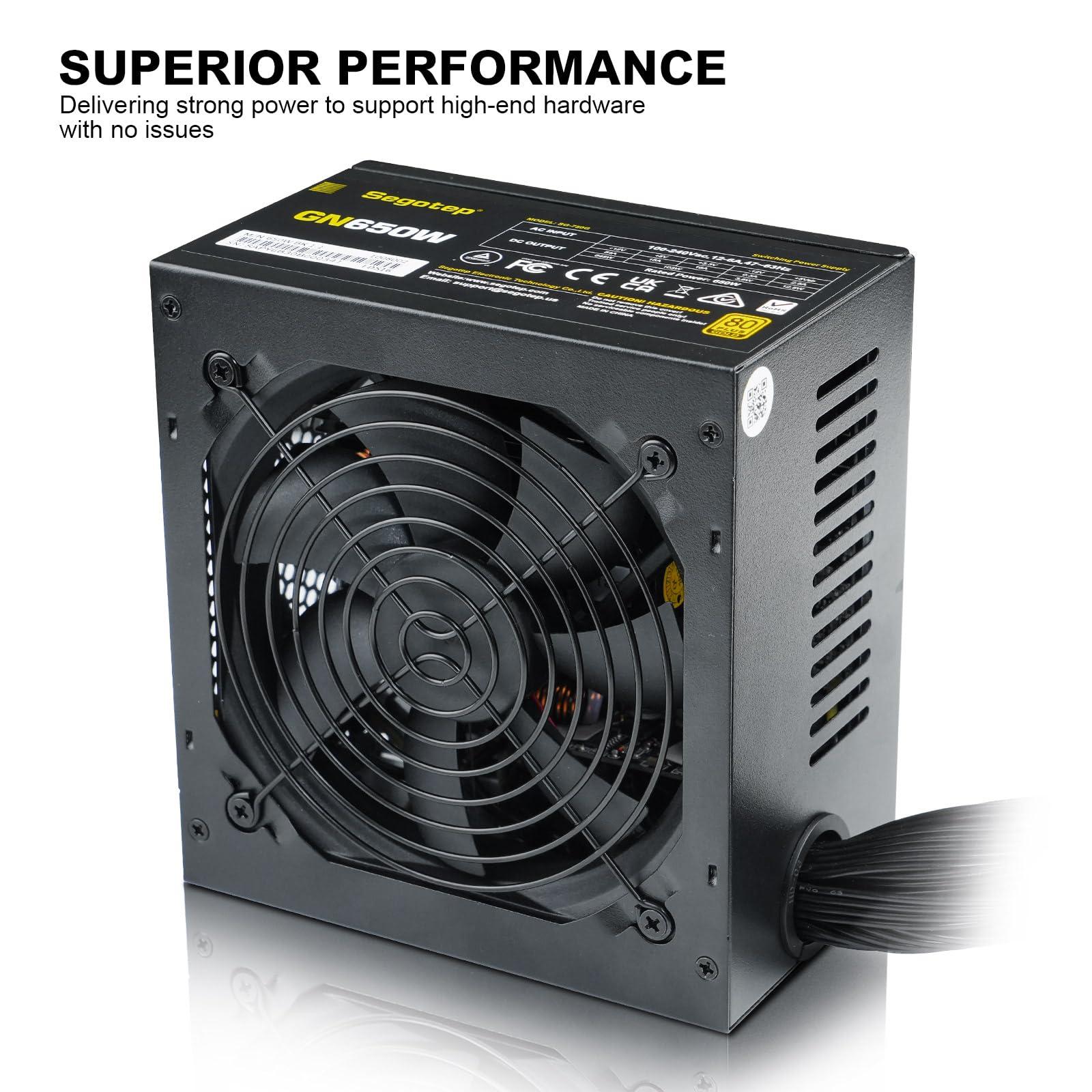 Segotep Segotep 650W 80 Plus Gold Certified Non-Modular ATX Power Supply with 6+2 Pin Connectors PFC Protection and RoHS Compliance, 120mm Silent Fan Gaming PSU GN-650 Black