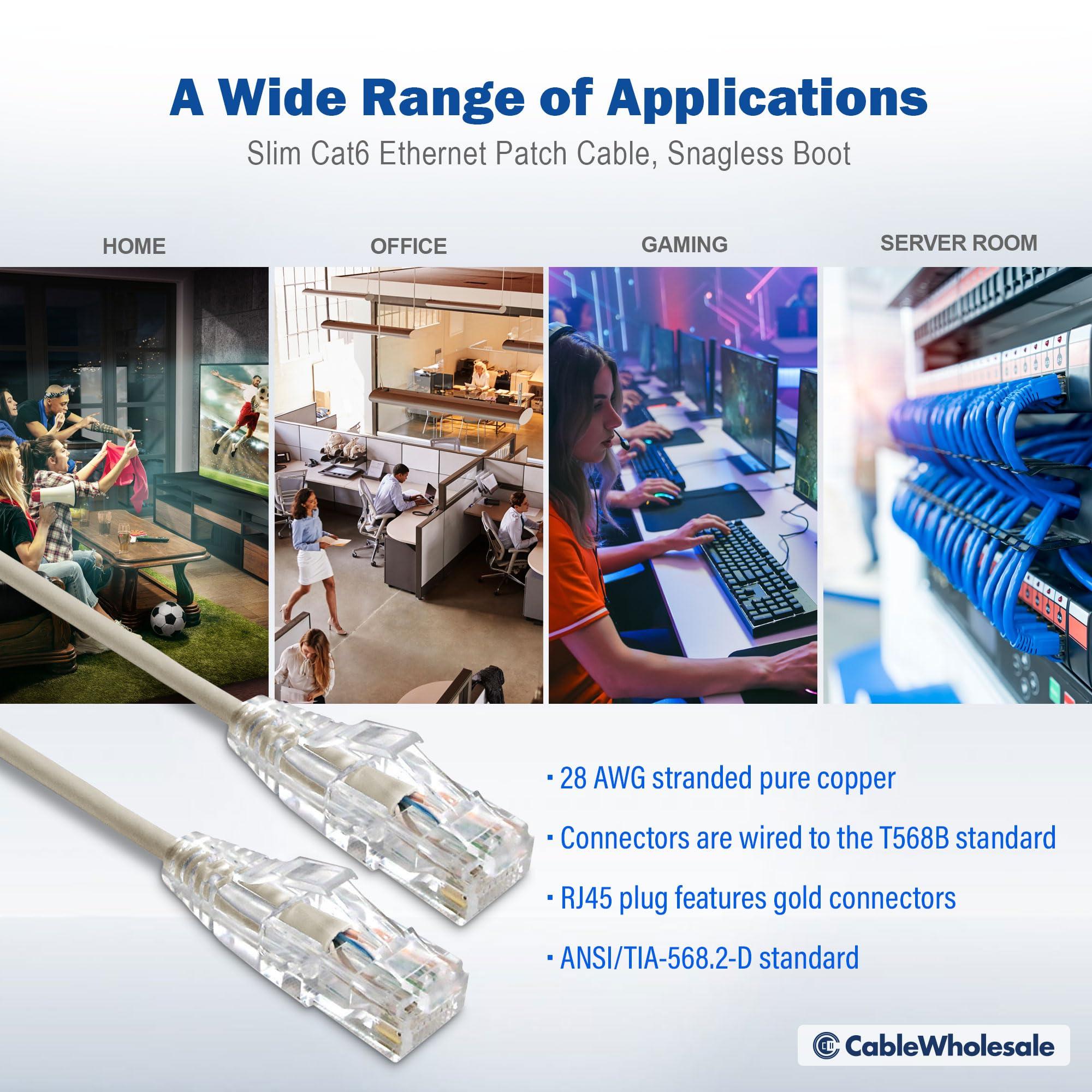 CableWholesale CableWholesale Cat6 Slim Ethernet Patch Cable, 28AWG, ETL Approved, RJ45 Gold Plate Connector Snagless/Boot Unshielded Twisted Pair (UTP), Internet Network Patch Cable, Gray, 6 Foot