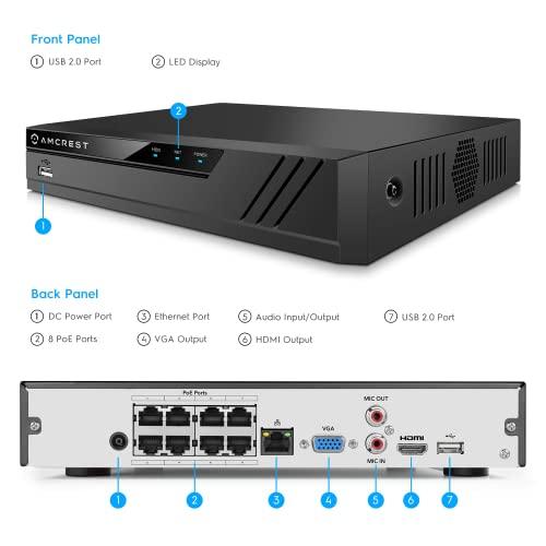 Amcrest Amcrest NV4108E-A2 4K 8CH POE NVR (1080p/3MP/4MP/5MP/8MP) POE Network Video Recorder - Supports up to 8 x 8MP/4K IP Cameras, 8-Channel Power Over Ethernet Supports up to 10TB HDD (Not Included)