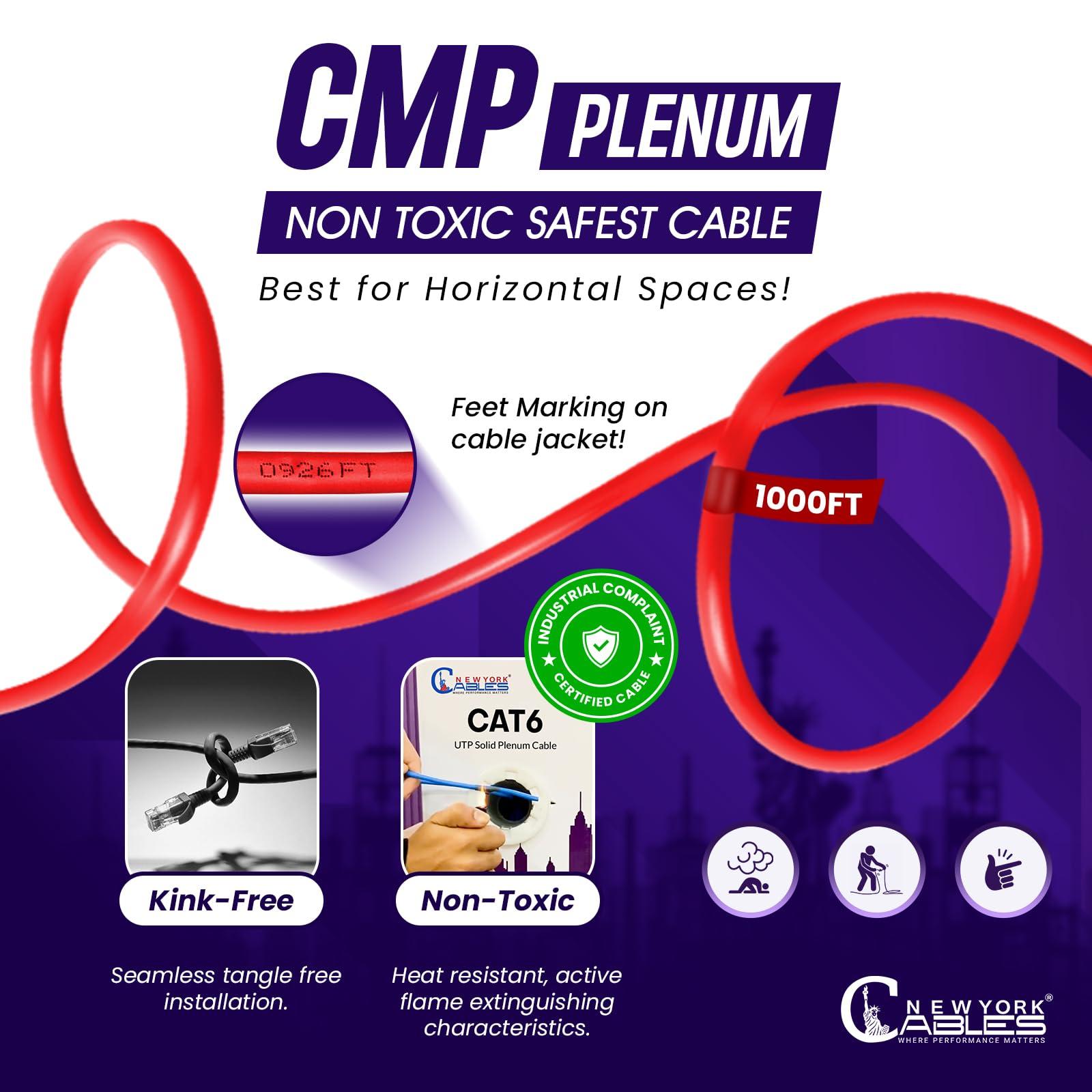 NewYork Cables NewYork Cables | CAT6 Plenum Cable 1000ft (CMP) | UTP, 550MHz, 23AWG, 4Pair UTP 10GB Internet Cable | Quality Tested Bulk Ethernet Cable, for Networking & Gaming (Red)