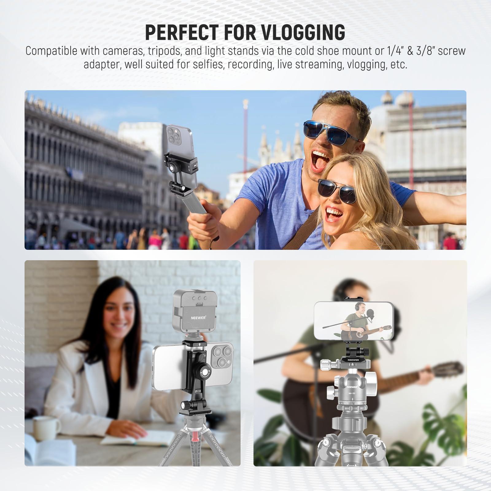 Neewer Neewer Phone Tripod Mount Adapter with Arca Type QR Base, Cold Shoe, 1/4" 3/8" Holes, 360 Swivel 180 Tilt, Phone Holder Compatible with iPhone Samsung Arca Swiss DJI RS 4 Pro 3 2 Stabilizer, SP-18