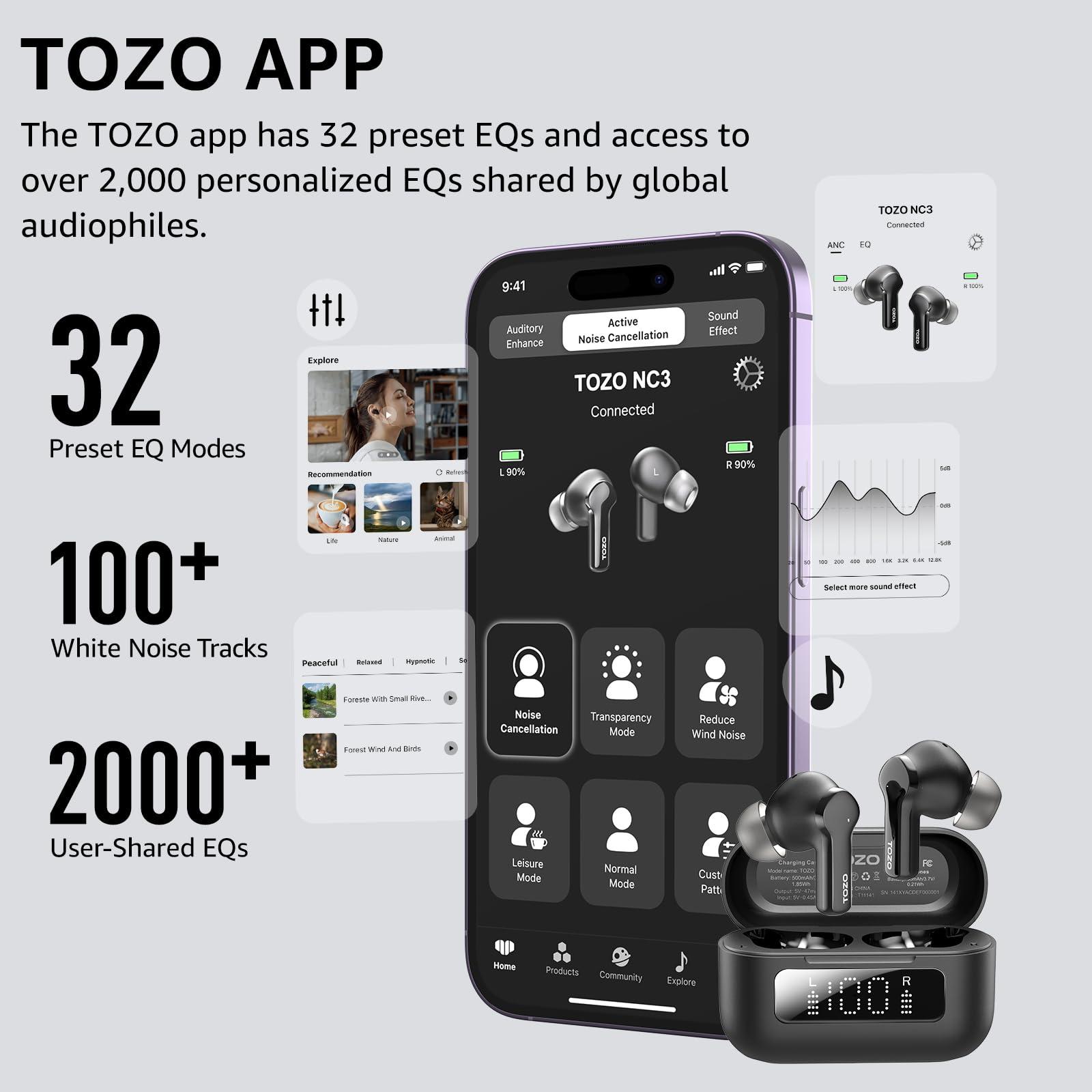 TOZO TOZO Hybrid Active Noise Cancelling Wireless Earbuds with 6 Mics AI Clear Call Ear Buds 55H Playtime with LED Display 32 Preset EQs via APP Bluetooth 5.3 IPX8 Waterproof in Ear Headphones