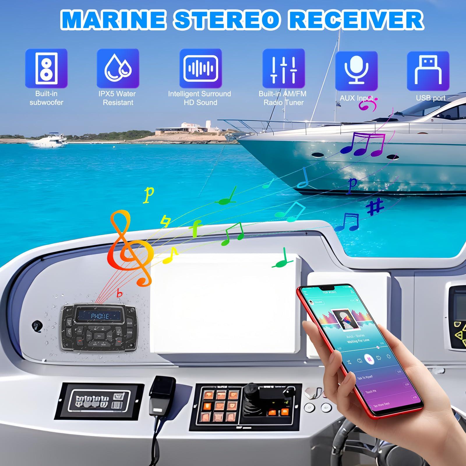 Geloo Geloo Marine Radio Receiver Waterproof Boat Stereo Radio System with AUX-in Subwoofer Pre-Amp EQ, AM/FM Radio Receiver Digital Media MP3 Player USB Input for Motorcycle Boat Golf Cart Truck
