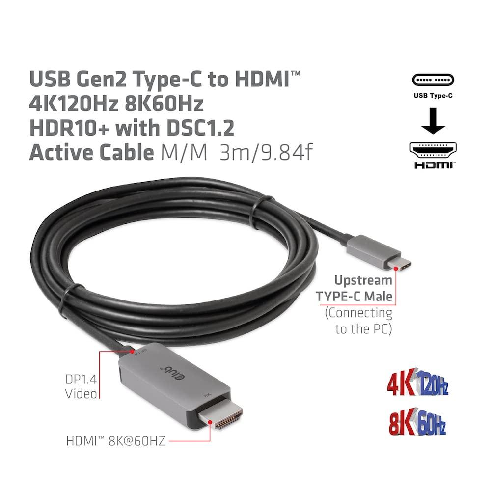 Club 3D Club 3D USB Gen2 Type-C to HDMI 4K120Hz/8K60Hz HDR10, DSC1.2 Active Cable M/M 3 m