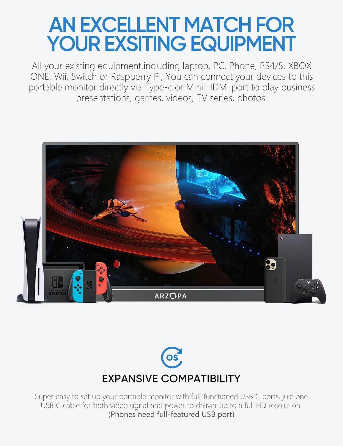 ARZOPA ARZOPA 17.3" Portable Monitor & 65W USB C Charger Block, 1080P FHD 100% sRGB IPS Gaming Monitor Laptop Monitor & GaN Fast Charger 3-Port Power Adapter Compact Foldable Plug