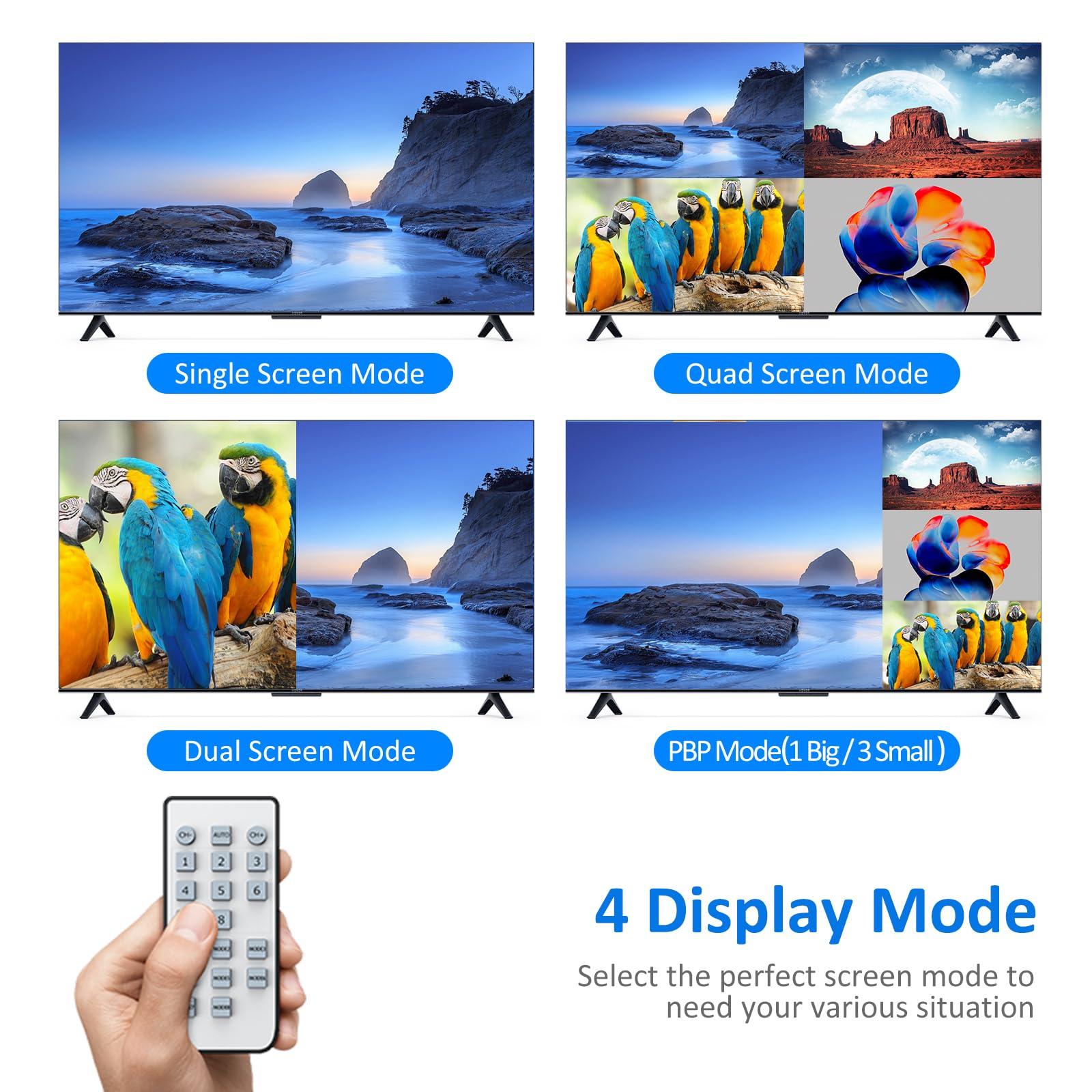 Yinker 4K HDMI Multiviewer 4x1, Yinker 4K@30Hz Seamless HDMI Quad Switcher 4 in 1 Out for Security Camera, Gaming Consoles, Single/Quad/Dual/PBP Modes with IR Remote