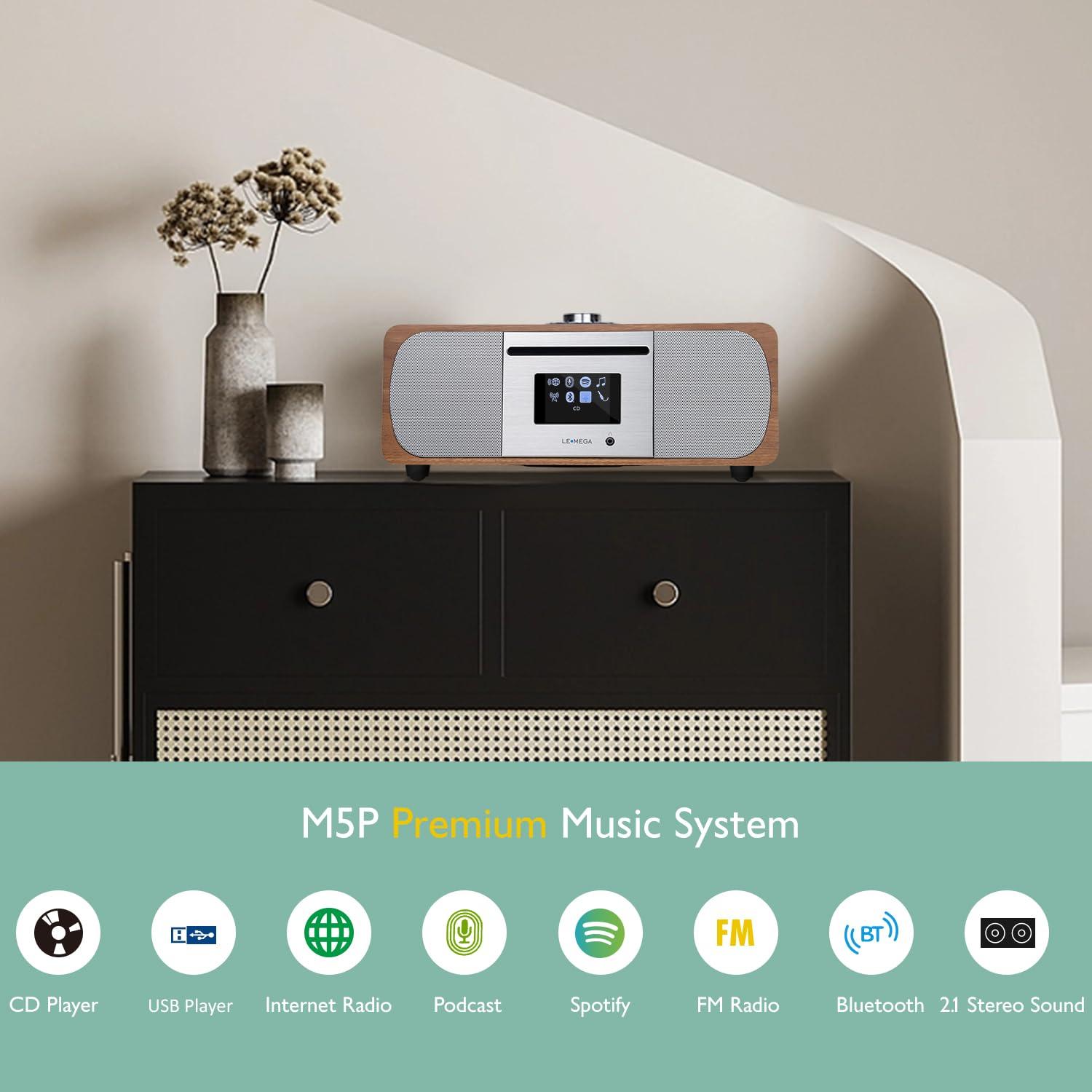 LEMEGA LEMEGA M5P Internet Radio with CD Player for Home, WiFi Radio, FM Digital Radio, Bluetooth Speaker, Spotify Connect,35W Home Stereo System,USB Player,Dual Alarms Clock, OKTIV APP Control-Dark Walnut