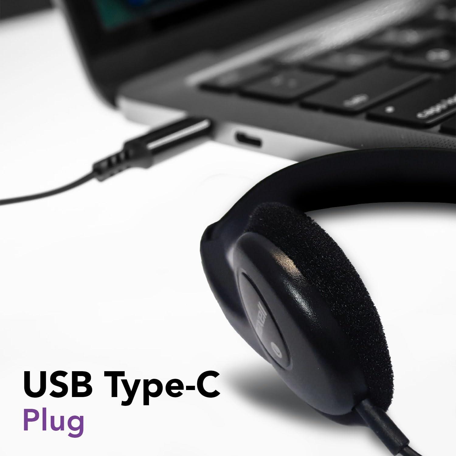 Maxell Maxell HP101 Type-C Lightweight Headphones, Built-in Microphone, Adjustable Headband, 6 Foot Cord, 197236, Black