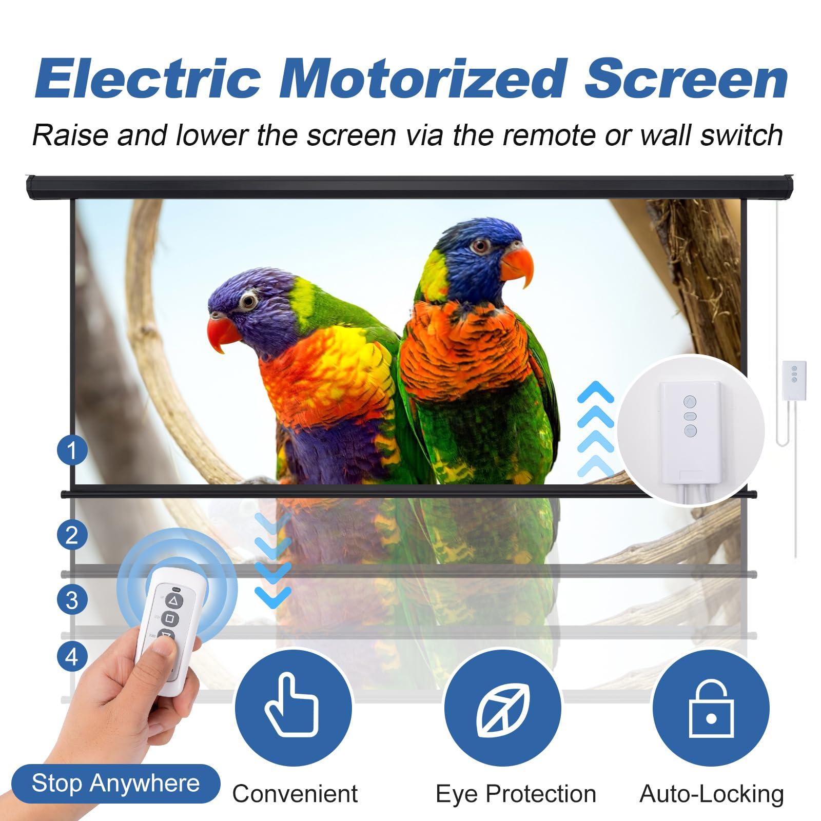 FRAYSCENT Motorized Projector Screen Pull Down 100 Inch 16:9 HD Automatic Projector Screen with Remote, Electric Retractable Black Projection Screen Portable, Roll Up Movie Screens for Projectors Outdoor Indoor