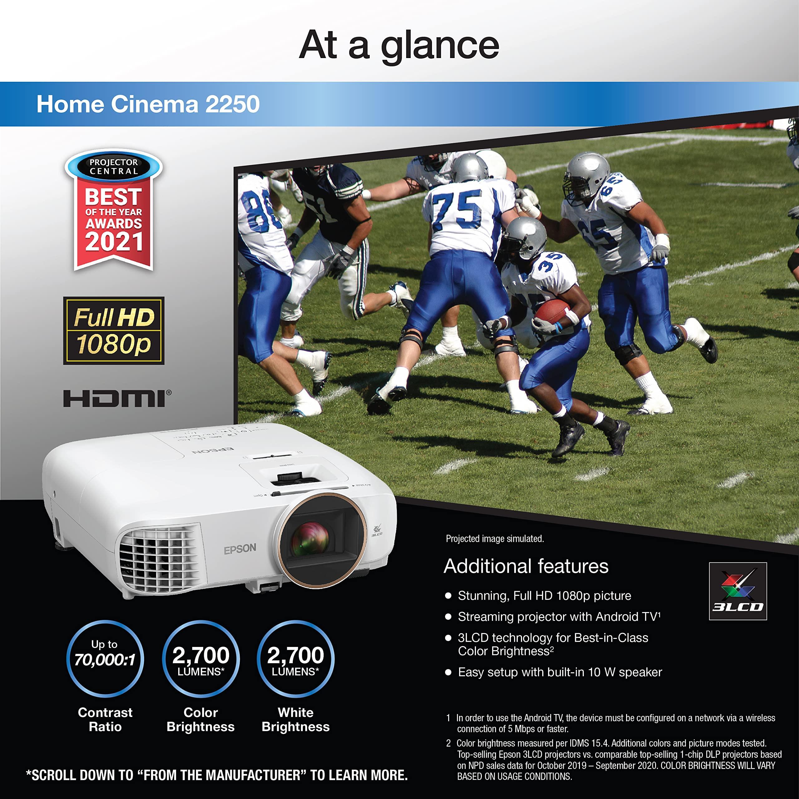 Epson Epson Home Cinema 2250 3LCD Full HD 1080p Projector with Android TV, Streaming Projector, Home Theater Projector, 10W Speaker, Image Enhancement, Frame Interpolation, 70,000:1 contrast ratio, HDMI