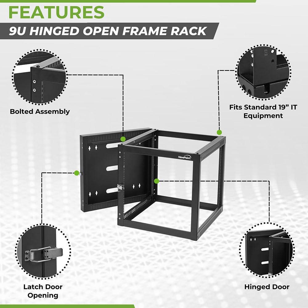 NavePoint NavePoint 9U Wall Mount Server Rack with Hinged Back, 4-Post 24 Deep, Rear Swing Frame 9U Network Rack Wall Mount for 19 Inch Equipment AV IT Easy Cable Management, Black