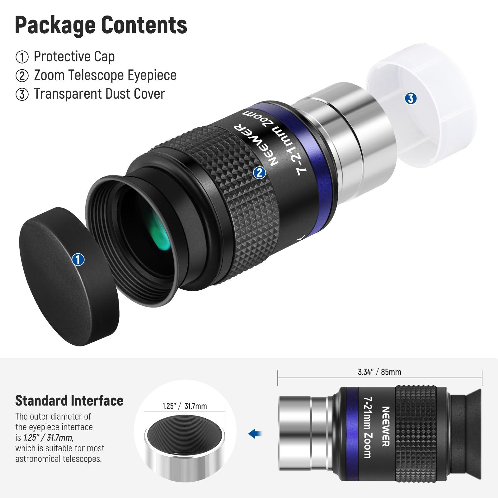 NEEWER NEEWER Zoom Telescope Eyepiece with 7-21mm Focal Length Range, 40-57 Field of View, 15mm Eye Relief, 5 Elements in 3 Groups for Astronomic Telescopes with 1.25 Inch Barrel, LS-T22