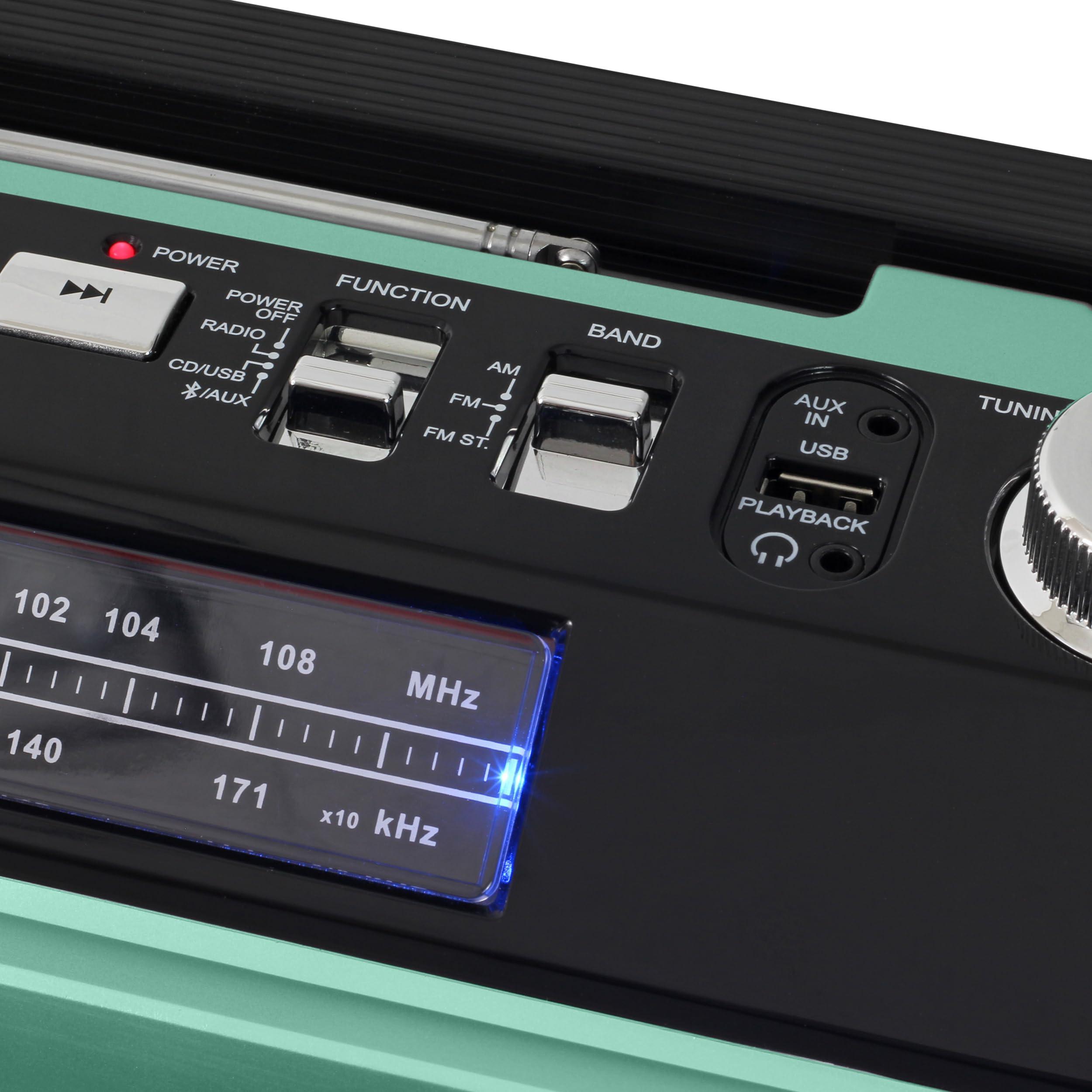 Studebaker Studebaker SB2149TE Master Blaster Bluetooth Boombox with 3 Way Power, AM/FM Radio, USB Port, CD Player with MP3 Playback, LED EQ and 10 Watts RMS Speaker in Teal