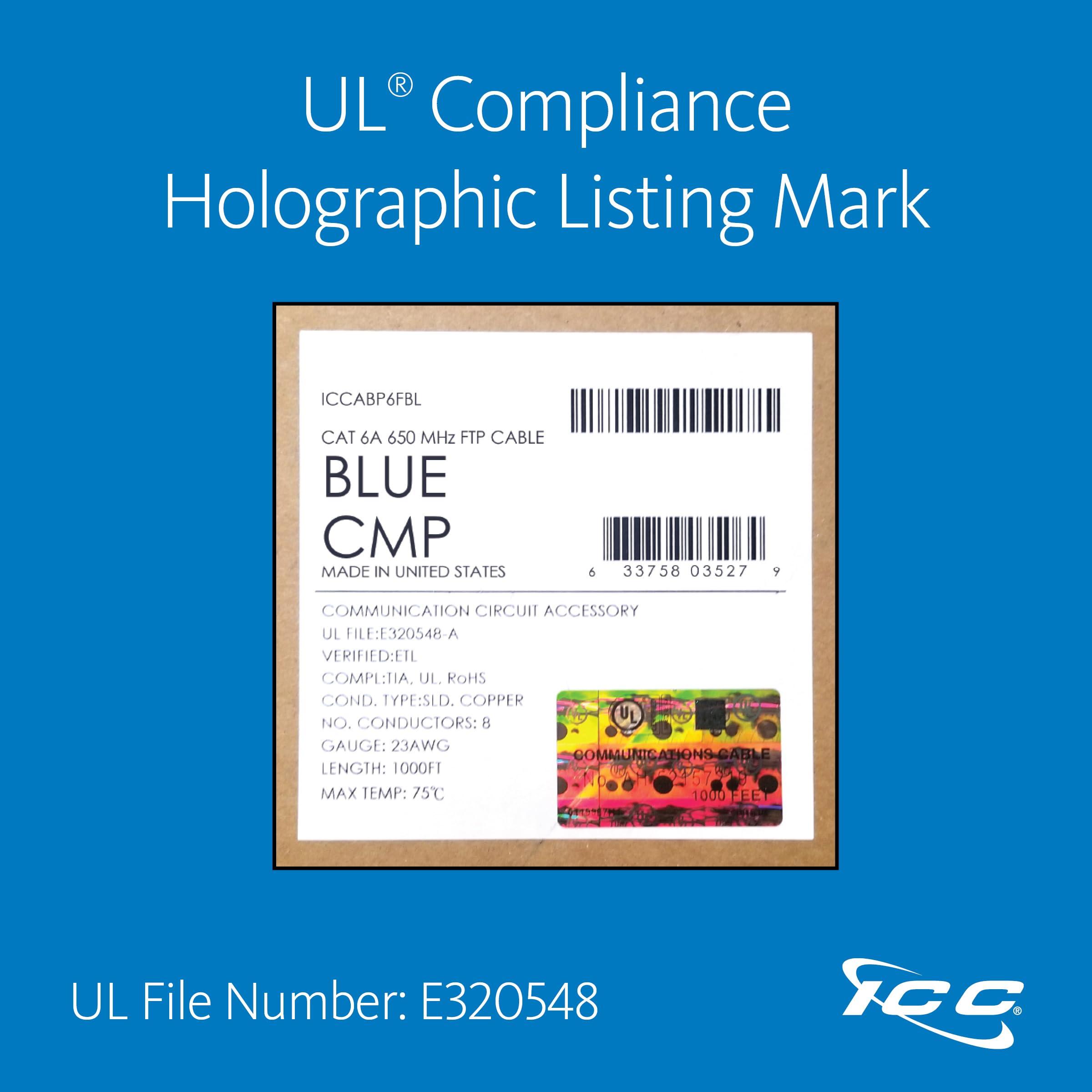 ICC ICC Cat6A CMP Plenum 1000ft FTP 23AWG Solid Pure Copper, True Plenum Certified by UL Bulk Ethernet Cable on Reel, PoE++, 650MHz, USA Made, National Electrical Code Compliant, Blue