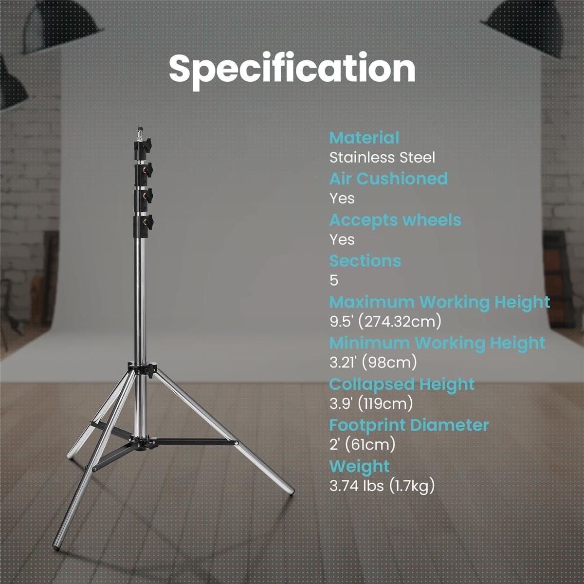 Flashpoint Flashpoint 9.5' Pro Air Cushioned Heavy Duty Light Stand for Photography, Lightwight and Durable Portable Photography Light Stand Tripod is Suitable for Pro Photography (Chrome)