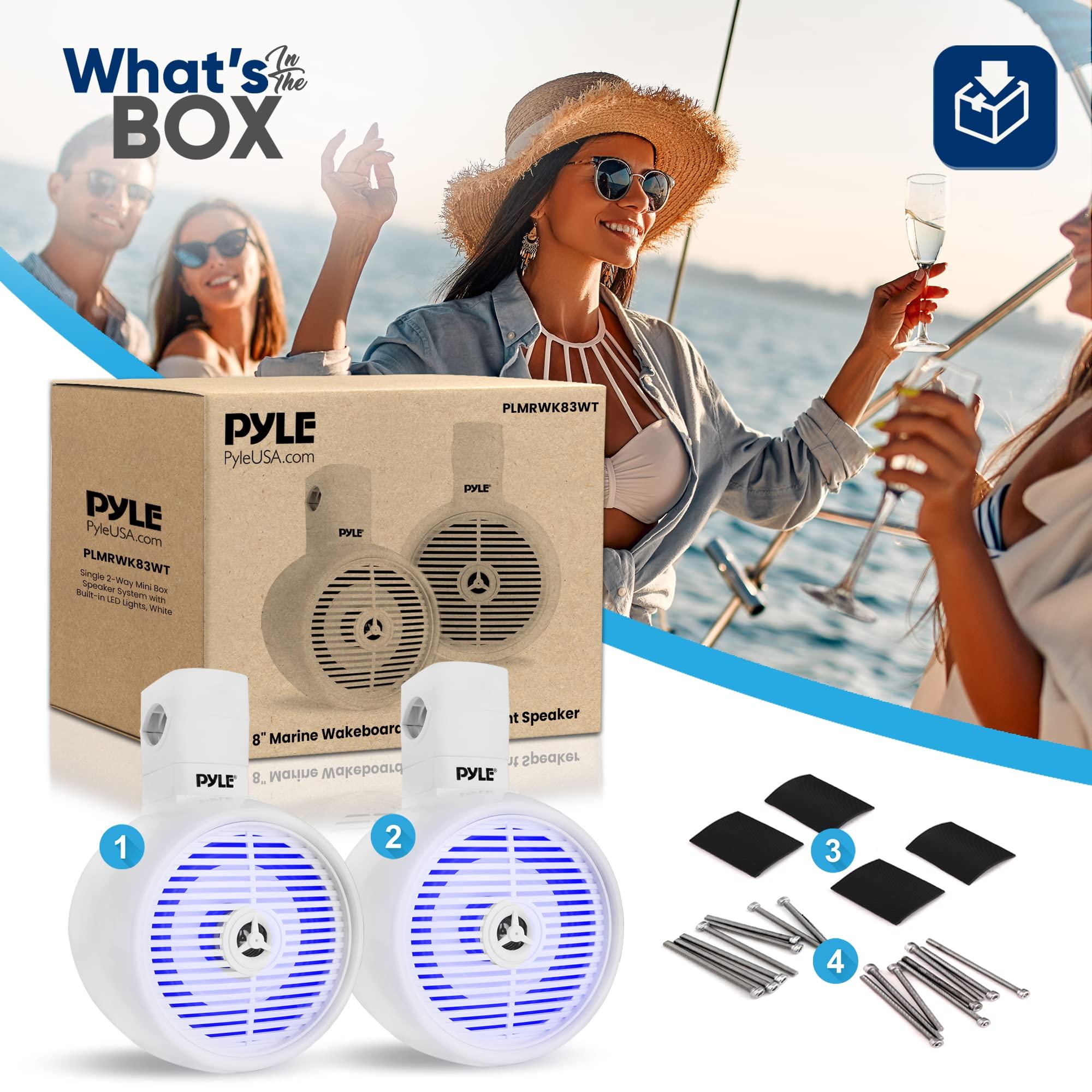 Pyle PyleUsa 8 Waterproof Off-Road Speakers - 300W 2-Way Marine Wakeboard Tower Sound System w/LED Light, Full Range Outdoor Stereo Speaker for Car, ATV, UTV, Jeep, Boat, Includes Brackets (White)