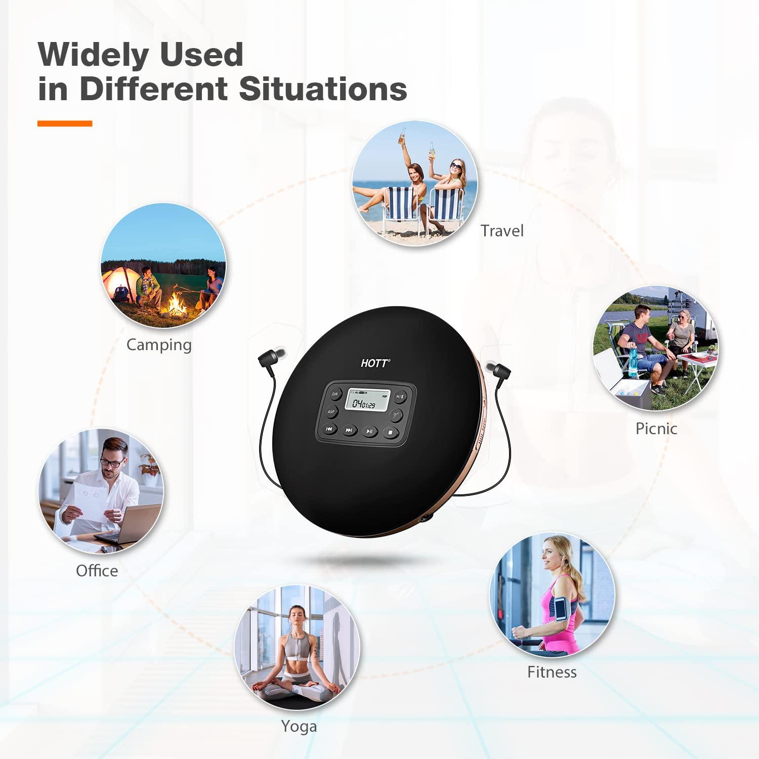 HOTT HOTT CD711T Bluetooth Rechargeable Portable CD Player for Home Travel and Car with Stereo Headphones and, Anti Shock Protection-Black