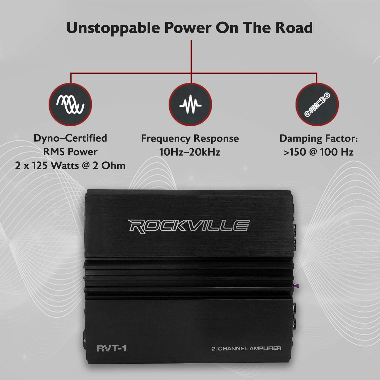 Rockville Rockville RVT-1 2-Channel Car Amplifier, 1000W Peak/250W RMS, Class-AB, MOSFET Power Supply, Bass EQ, Crossover, Perfect for Subwoofers and Car Audio
