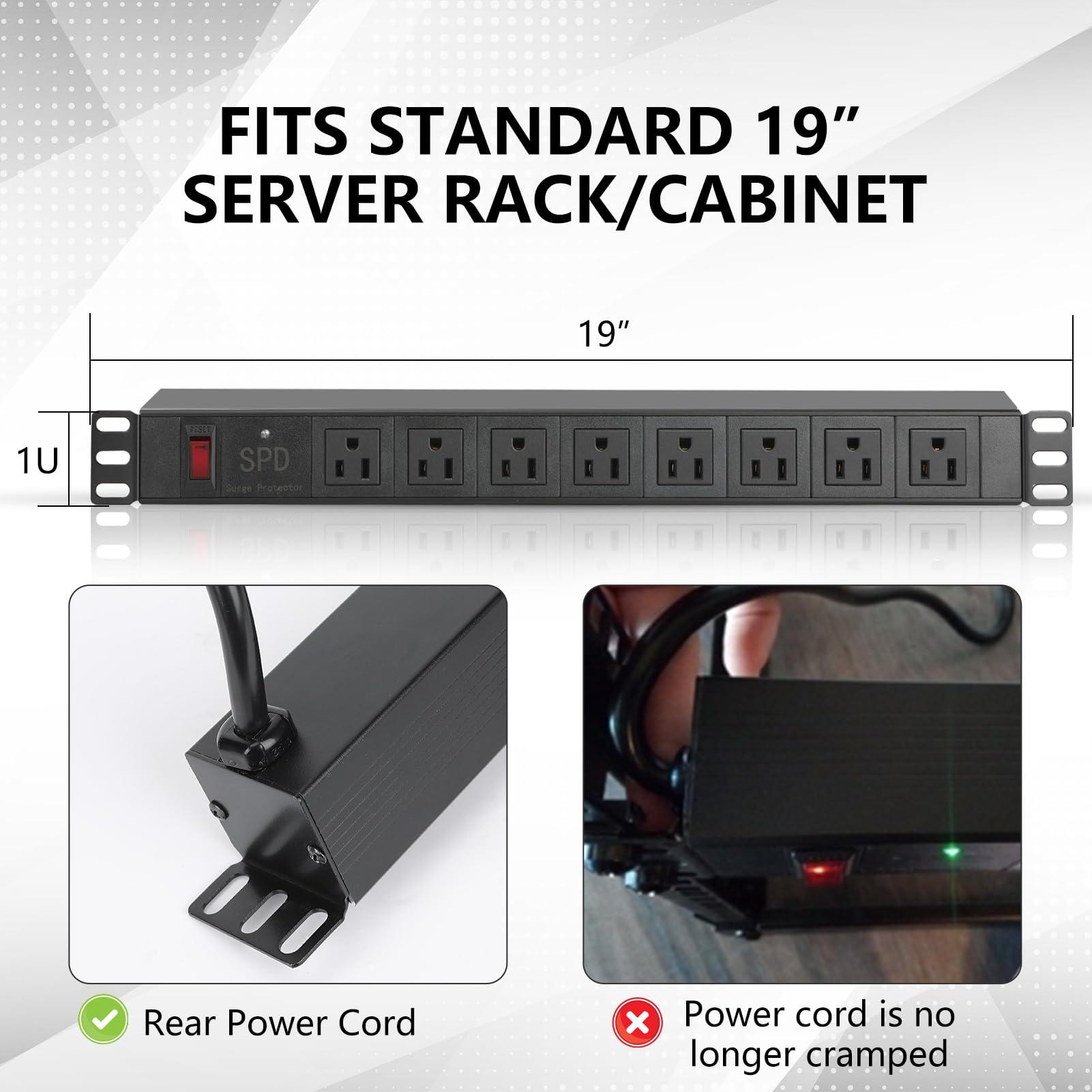 ElecVoztile ElecVoztile 8 Outlet Rack Mount PDU Power Strips with SPD Surge Protection-1200J, 10ft 14AWG Cord, 15A Overload Switch, 1U RackMount, Fits 19'' Network Server Rack, Front Facing Plug