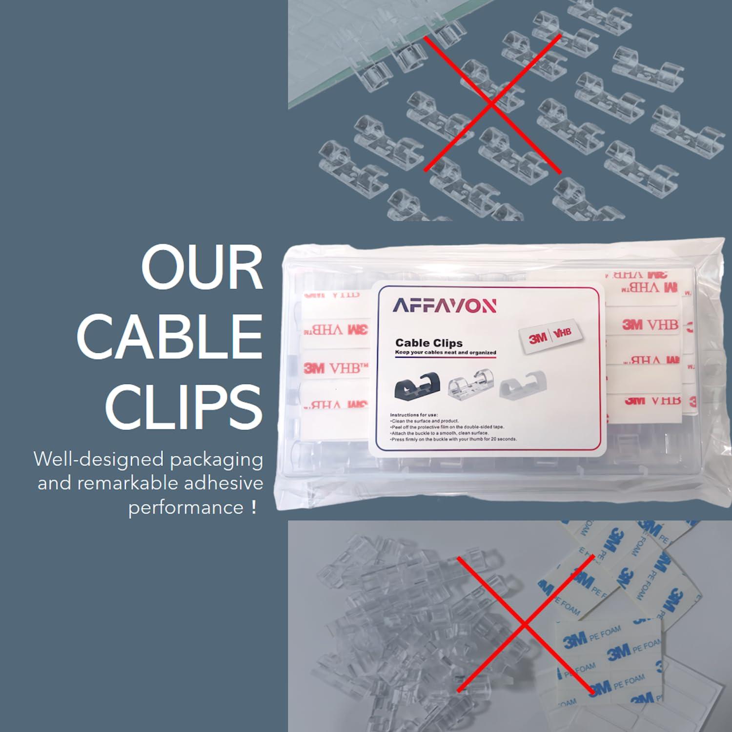 AFFAVON 80pcs Adhesive Cable Clips 90 Strips, Finisher Wire Clamp Cord Clips Cable Management Light Clips Cable Organizer Max.1/4" Wire Hider for Cords