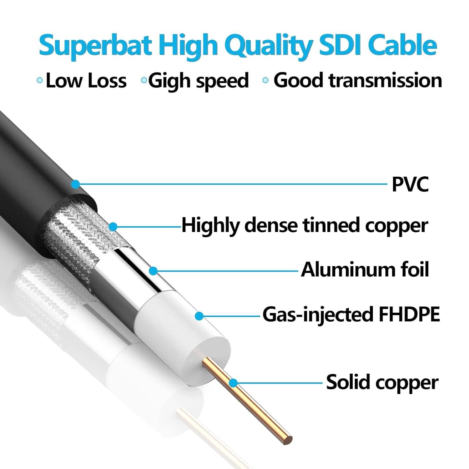 Superbat Superbat Belden 1855A Thin and Flexible Coaxial Cable 100ft,75 Ohm Low Loss Serial Digital Coax for Professional Video Production and Broadcasting,Support 3G 6G HD SDI 1080P Signal Transmission
