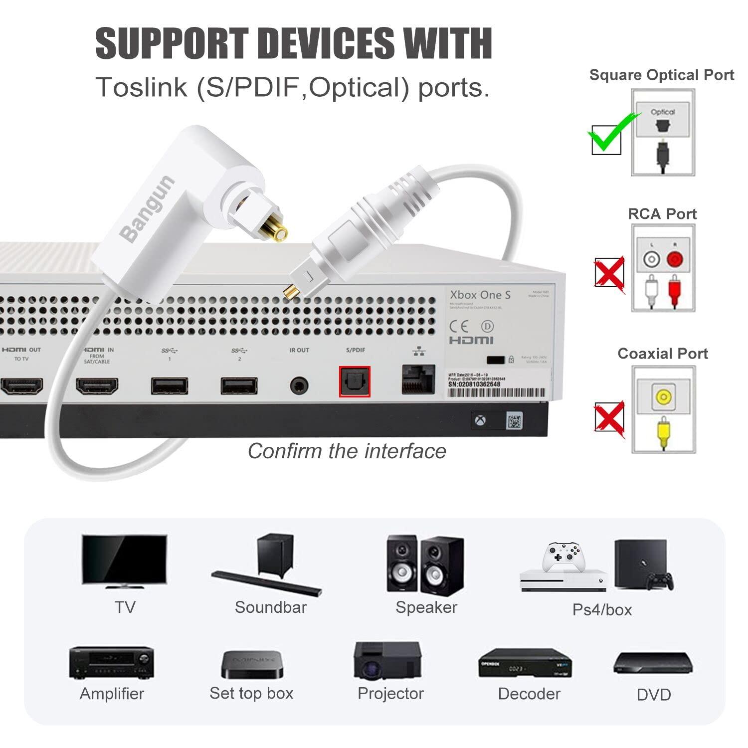 Bangun White Optical Audio Cable 30ft, Slim 90 Degree Digital Audio Optical Cord, SPDIF Toslink Optical Cable, Right Angle Fiber Optic Audio Cable, Digital Sound Cable for Sound Bar/TV/PS4/Xbox/Home Theater