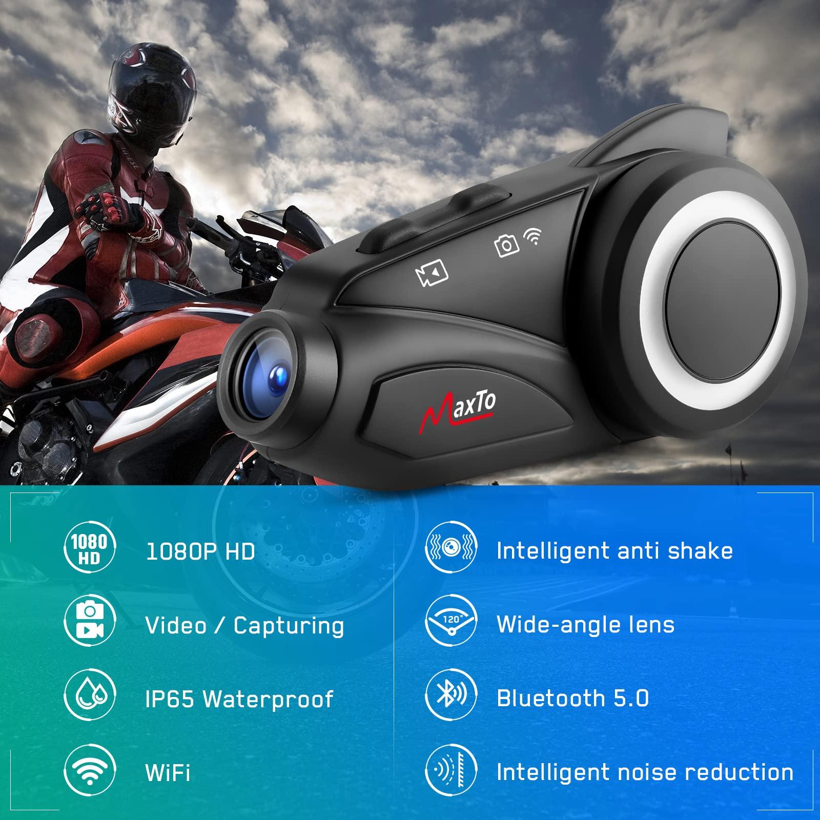 MAXTO MAXTO Motorcycle Bluetooth Headset with Camera 1080P HD, M3 Upgraded 360Adjustable Clip, 6 Riders 3280Ft Motorcycle Communication Systems Group Intercoms, WiFi Transit/FM funtion, IP65 Waterproof
