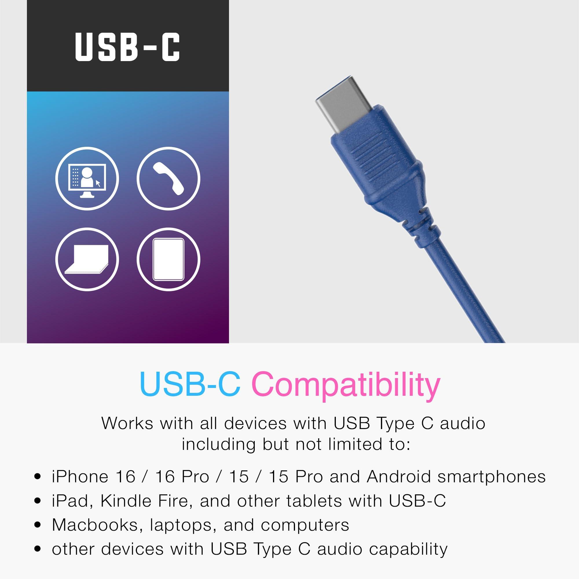 MEE audio MEE audio KidJamz KJ55 Safe Listening USB-C Headphones for Children with Multicolor LED Lights, Volume Limiter, & Microphone; On-Ear Wired Kids Headset for iPhone 16, iPad, & USB Type C Devices (Blue)