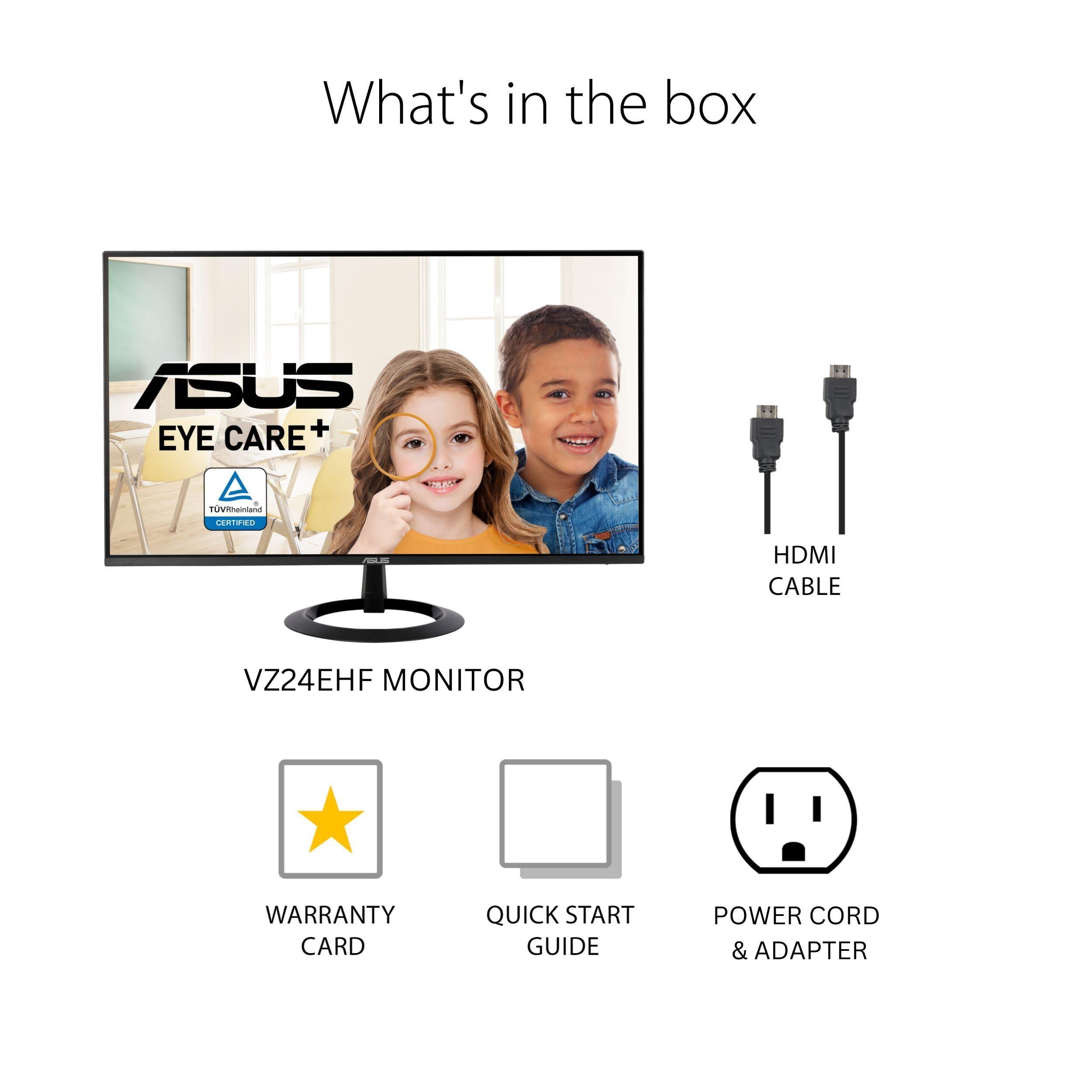 ASUS ASUS 24 (23.8-inch viewable) Eye Care Monitor (VZ24EHF) - IPS, Full HD (1920 x 1080), Frameless, 100Hz, Adaptive-Sync, 1ms, HDMI, Low Blue Light, Flicker Free, Ultra-Slim Profile, 3 Year Warranty