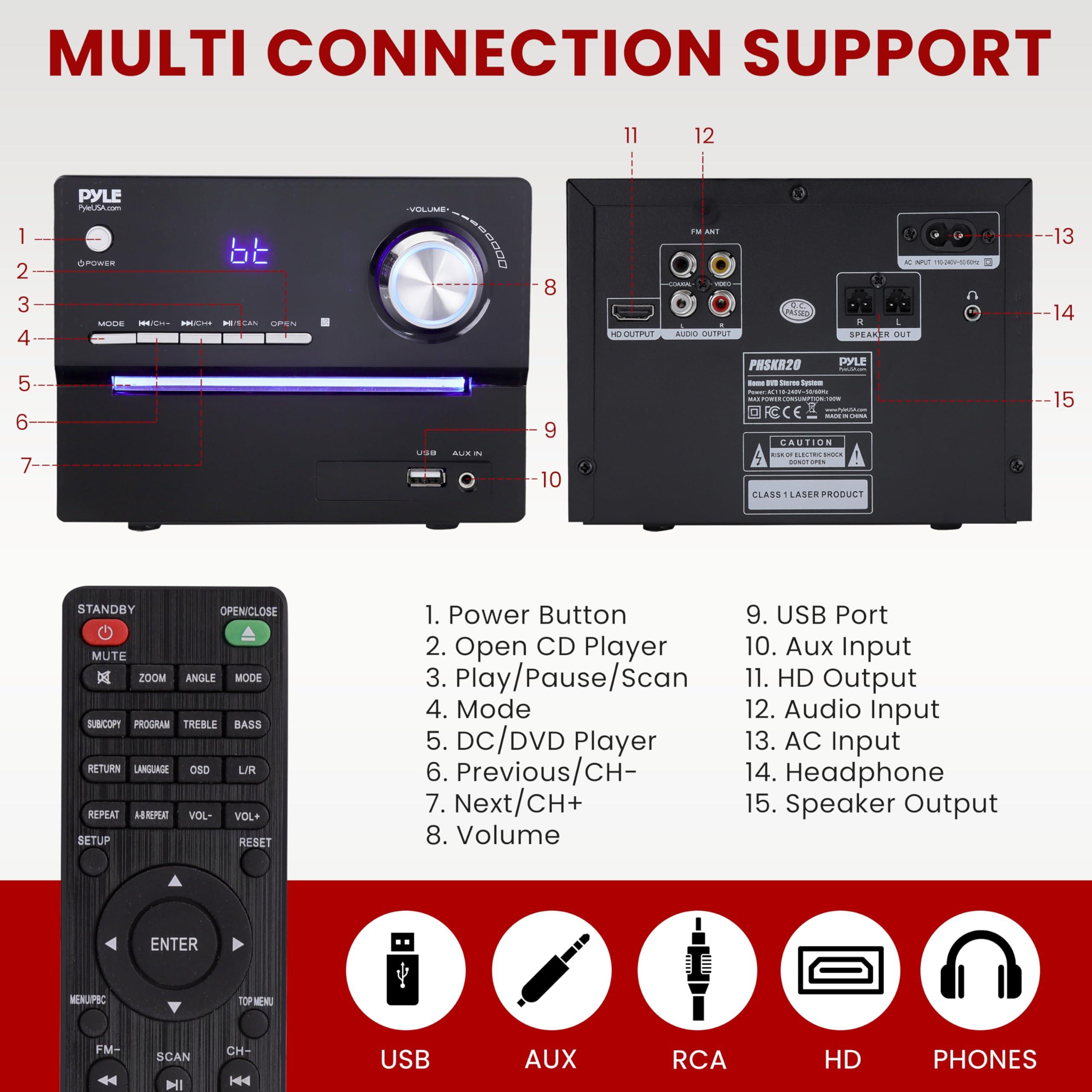 Pyle Pyle CD/DVD P.M.P.O Stereo System, 3-pc Wireless BT Streaming 6 Ohm Two-Way Wooden Speaker Box and Subwoofer, Digital Amplifier IC with MP3, USB, FM Radio, Bass Reflex Speaker