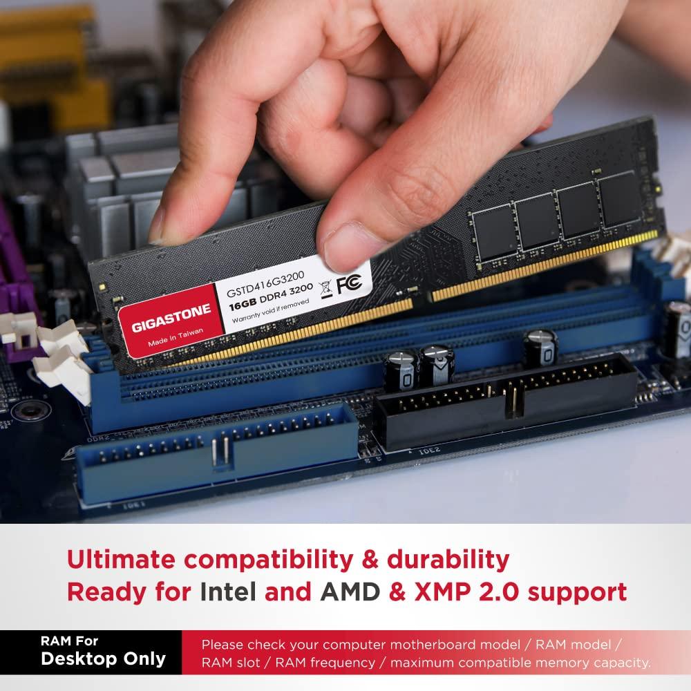 Gigastone DDR4 RAM GIGASTONE 16GB DDR4 3200MHz (2933MHz or 2666MHz) PC4-25600 (PC4-23400, 21300) CL22 1.2V UDIMM 288 Pin Unbuffered Non ECC High Performance PC Desktop Memory Upgrade